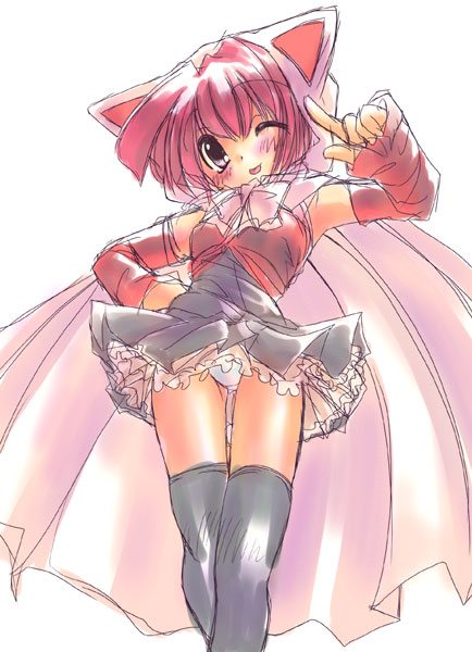 :p, ;p, animal ears, animal hood, black thighhighs, blush, cape, cat ears, cat hood, dress, from below, hood, lingerie, one eye closed, panties, petticoat, pink theme, solo, standing, thigh gap, thighhighs, thighs, tongue, tongue out, underwear, white panties, wind, wind lift, wink