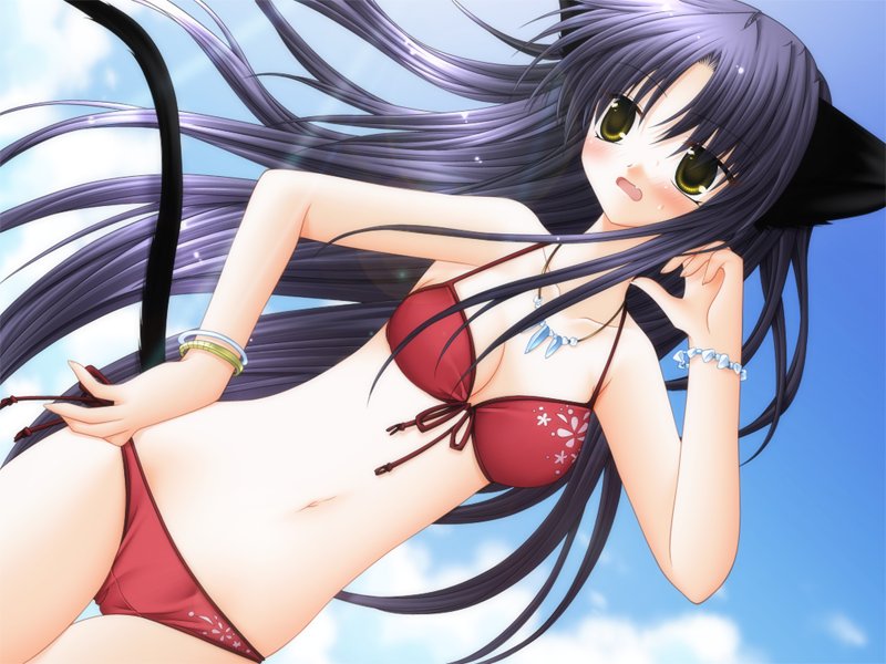 sakurazawa izumi, tobari (pure pure), pure pure, game cg, non-web source, 1girl, animal ears, bikini, black hair, blush, cat ears, day, fang, female focus, jewelry, long hair, necklace, solo, swimsuit, yellow eyes