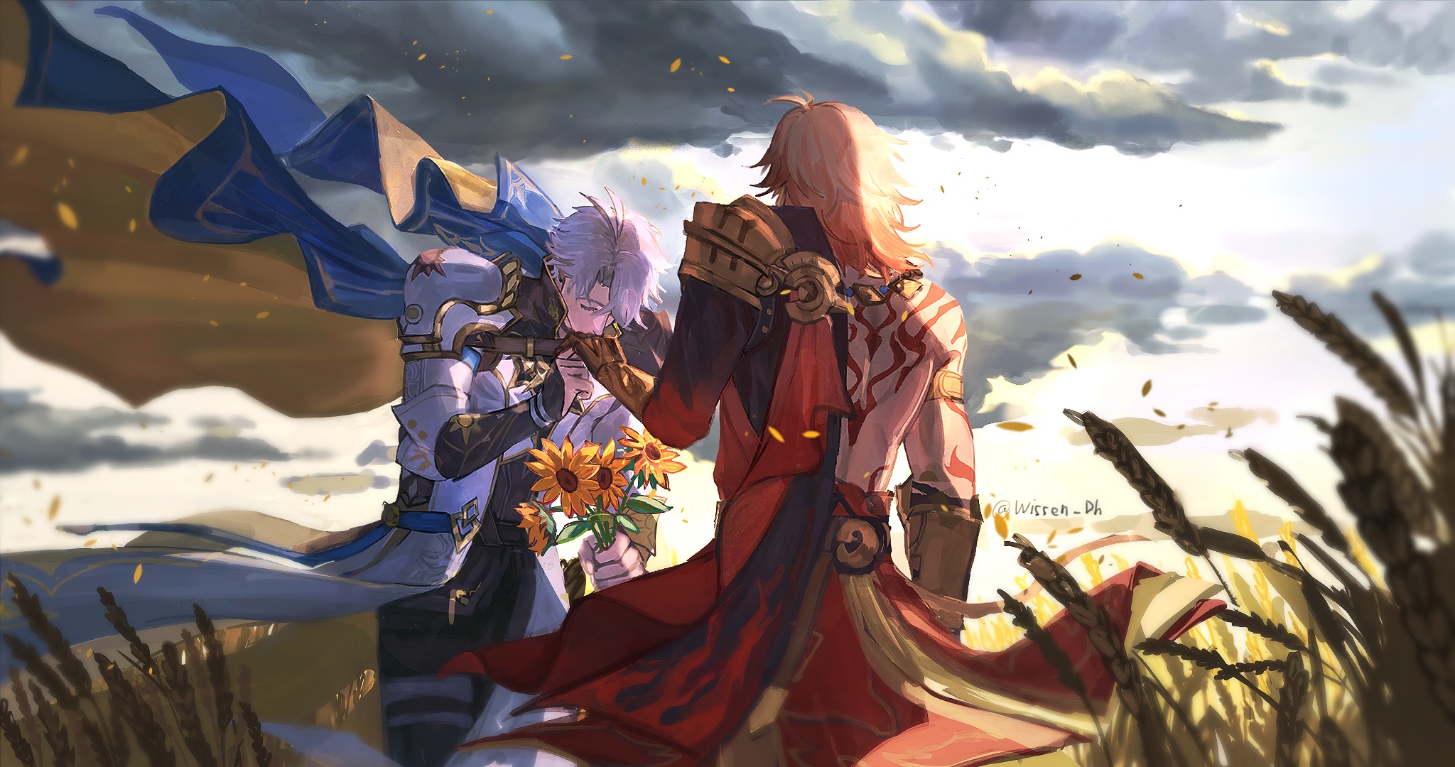 mydei (honkai: star rail), phainon (honkai: star rail), honkai: star rail, honkai (series), commentary, english commentary, highres, 2boys, antenna hair, arm tattoo, armlet, armor, back tattoo, black choker, black coat, black shirt, blonde hair, blue cape, cape, choker, clawed gauntlets, closed eyes, coat, floating cape, flower, gold necklace, gradient hair, holding, holding flower, jewelry, kiss, kissing hand, male focus, medium hair, multicolored hair, multiple boys, necklace, open clothes, open coat, outdoors, pauldrons, red cape, red hair, red tattoo, shirt, short hair, shoulder armor, side cape, single pauldron, sunflower, tattoo, wheat field, white coat, white hair, wissen dh, yaoi