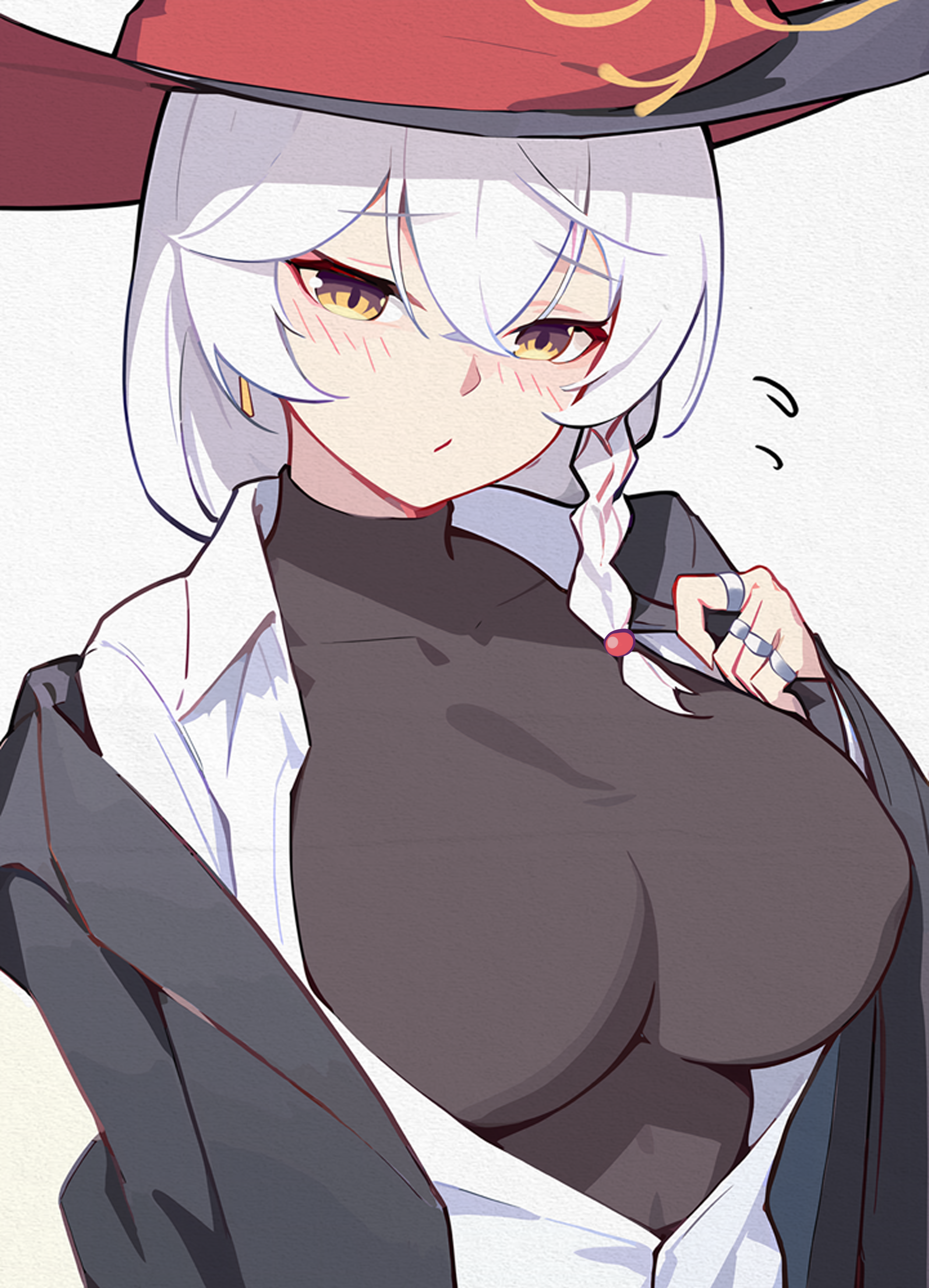 nokku (ren nokku), eri (blue archive), blue archive, blush, bow, bowtie, braid, breasts, halo, hat, jacket, large breasts, long coat, long hair, open clothes, open shirt, panties, shirt, skirt, sweater, underwear, white hair, witch hat
