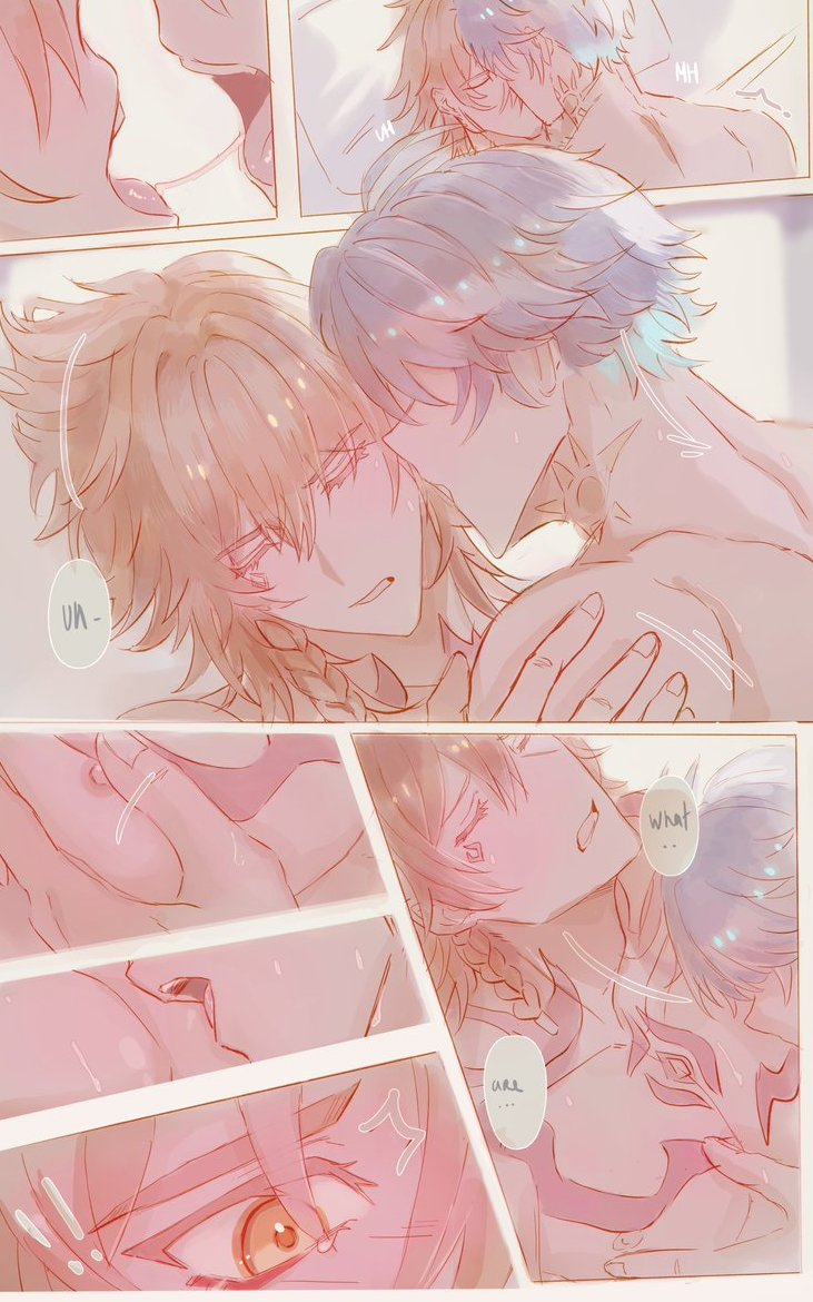 lau 135, mydei (honkai: star rail), phainon (honkai: star rail), honkai: star rail, honkai (series), commentary, english commentary, 2boys, after kiss, antenna hair, blue eyes, eye contact, facial tattoo, looking at another, male focus, multiple boys, neck tattoo, pectoral grab, red tattoo, saliva, saliva trail, short hair, shoulder tattoo, sun symbol, sun tattoo, tan, tattoo, topless male, white hair, yaoi
