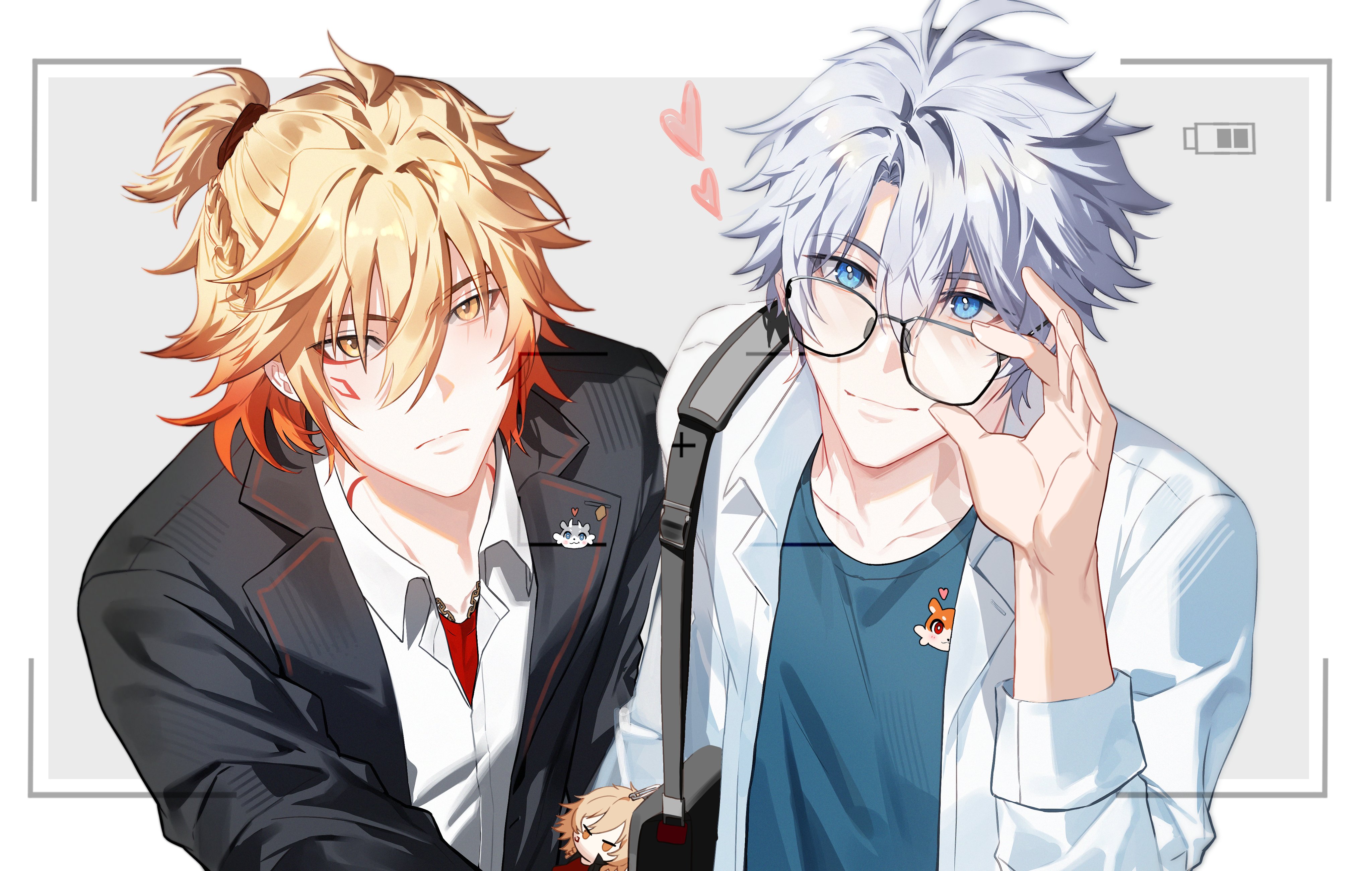 jujeop, mydei (honkai: star rail), phainon (honkai: star rail), honkai: star rail, honkai (series), absurdres, commentary request, highres, korean commentary, 2boys, adjusting eyewear, antenna hair, black jacket, blonde hair, blue eyes, blue shirt, character doll, collared shirt, doll, glasses, gradient hair, hand on eyewear, jacket, looking at viewer, male focus, multicolored hair, multiple boys, open clothes, open jacket, parted bangs, ponytail, red hair, red shirt, shirt, short hair, white hair, white jacket, yellow eyes