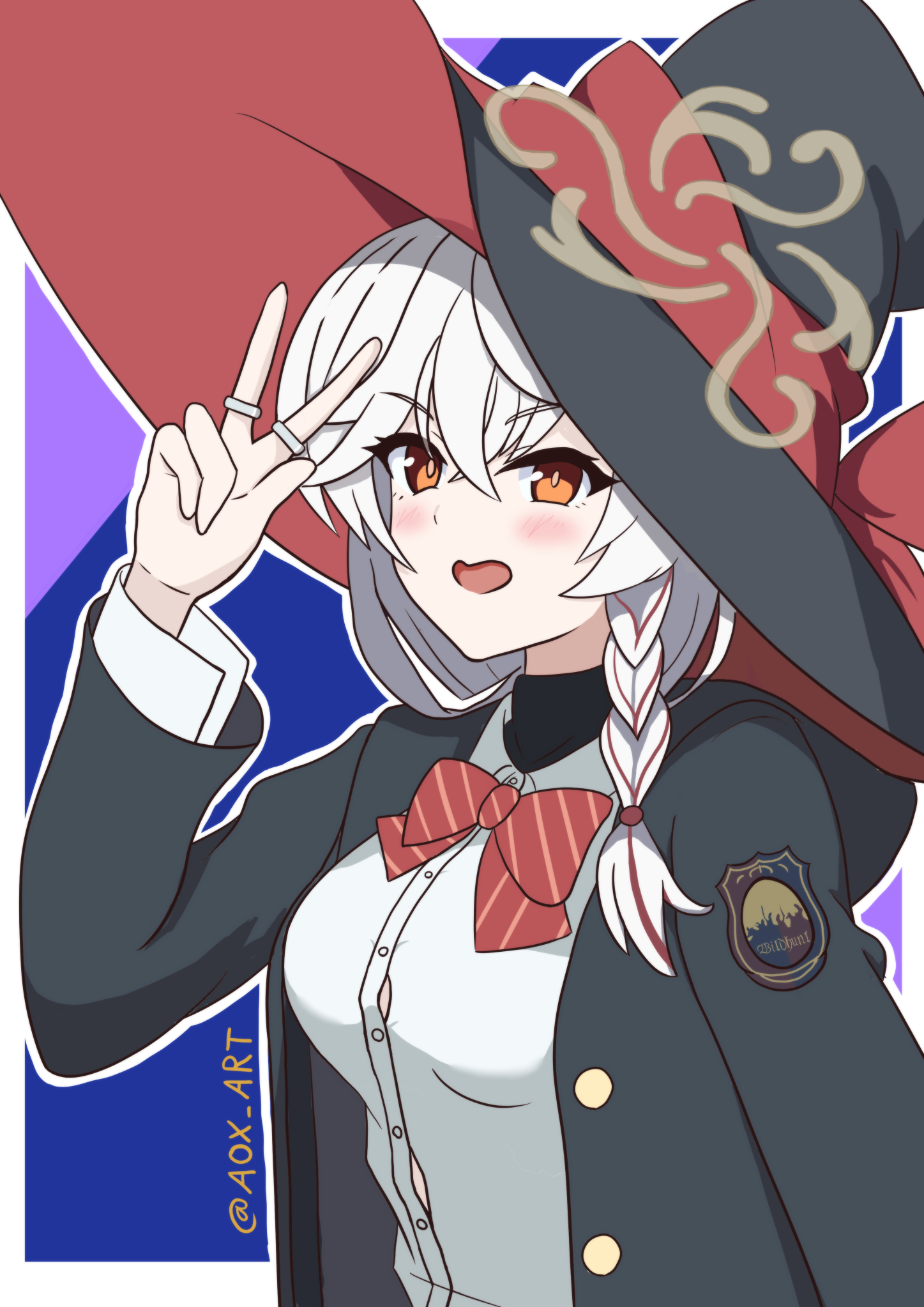 eri (blue archive), blue archive, bow, bowtie, braid, halo, hat, jacket, long coat, long hair, panties, shirt, skirt, sweater, underwear, v, white hair, witch hat