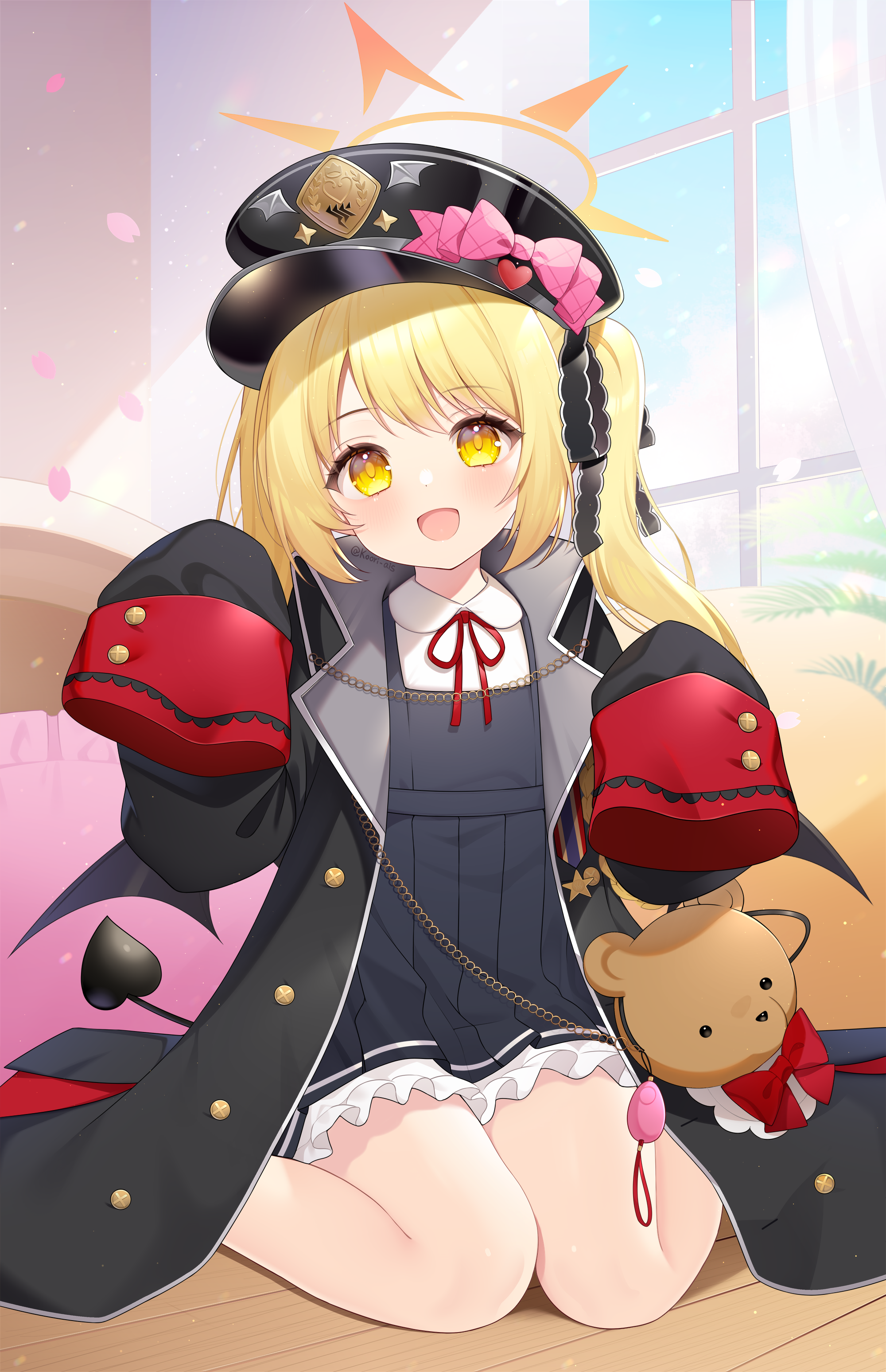 kooriais, ibuki (blue archive), blue archive, absurdres, highres, 1girl, black hat, black tail, blonde hair, bow, curtains, demon girl, demon tail, demon wings, halo, hat, looking at viewer, low wings, open mouth, pandemonium society (blue archive), peaked cap, pink bow, side ponytail, sitting, sleeves past wrists, smile, solo, stuffed animal, stuffed toy, tail, teddy bear, wariza, window, wings, yellow eyes, yellow halo