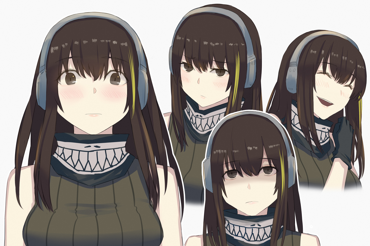 asakiri koko, m4a1 (girls' frontline), girls' frontline, commentary request, 1girl, bandana, bandana around neck, black bandana, black gloves, blush, breasts, brown eyes, brown hair, cropped torso, gloves, green hair, green sweater, hair ornament, headphones, long hair, long sidelocks, looking at viewer, medium breasts, multicolored hair, multiple expressions, multiple views, sidelocks, simple background, skull print, sleeveless, sleeveless sweater, streaked hair, sweater, upper body, white background