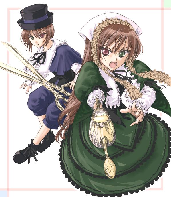 boku, haru (primavera), souseiseki, suiseiseki, rozen maiden, 00s, 2girls, angry, brown hair, hat, headscarf, heterochromia, long hair, multiple girls, scissors, shears, short hair, siblings, sisters, twins, watering can, white headscarf