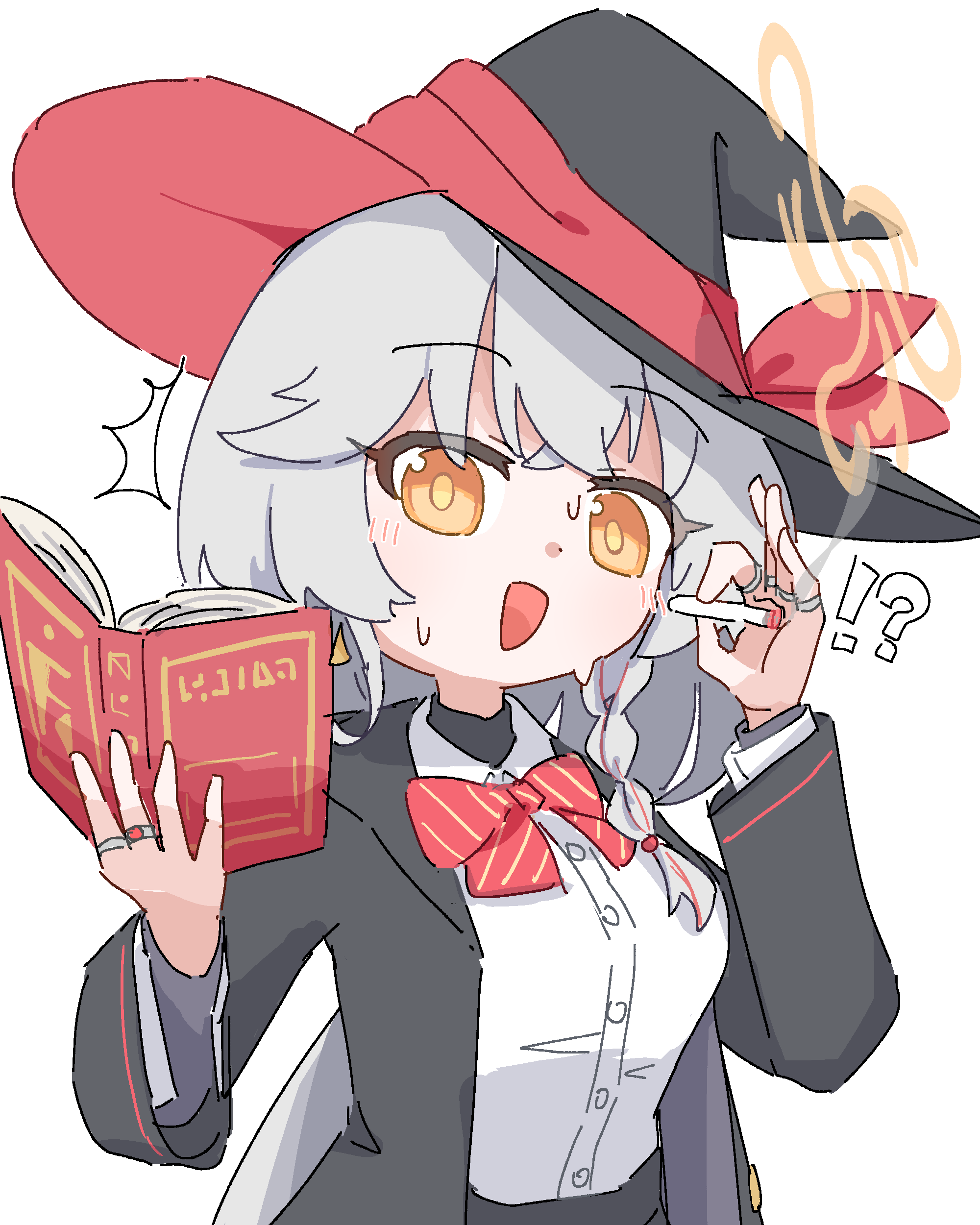 eri (blue archive), blue archive, !?, book, bow, bowtie, braid, cigarette, halo, hat, holding, holding book, jacket, long coat, long hair, panties, shirt, skirt, sweater, underwear, white hair, witch hat