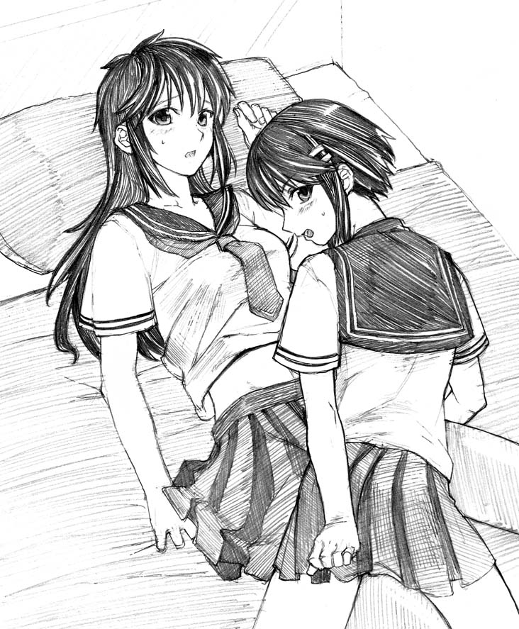 tetsu (kimuchi), kurogane otome, yashi nagomi, tsuyokiss, 2girls, :o, embarrassed, greyscale, hair ornament, hairclip, long hair, looking at viewer, lying, monochrome, multiple girls, navel, on back, parted lips, pleated skirt, sailor collar, school uniform, serafuku, short hair, short sleeves, skirt, sweatdrop, very long hair, yuri