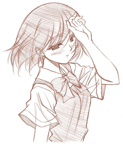 kusui aruta, osaragi hazumu, kashimashi, 00s, 1girl, female focus, monochrome, school uniform, serafuku, simple background, solo, white background