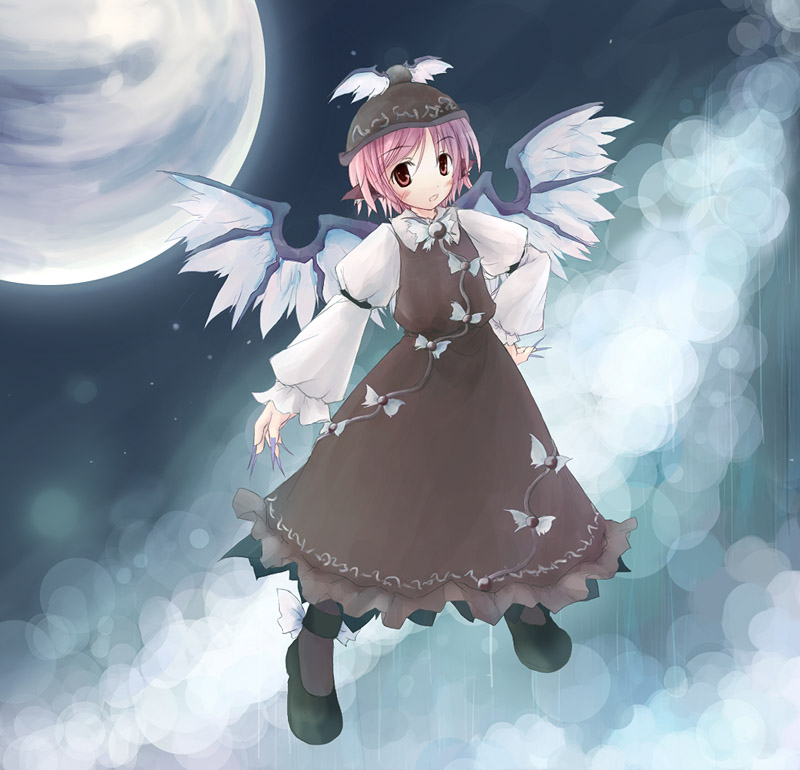 mystia lorelei, touhou, 1girl, animal ears, claws, dress, female focus, fingernails, hand on own hip, hat, hip focus, long fingernails, moon, nail polish, night, night sky, pink hair, purple nails, red eyes, short hair, sky, solo, wings