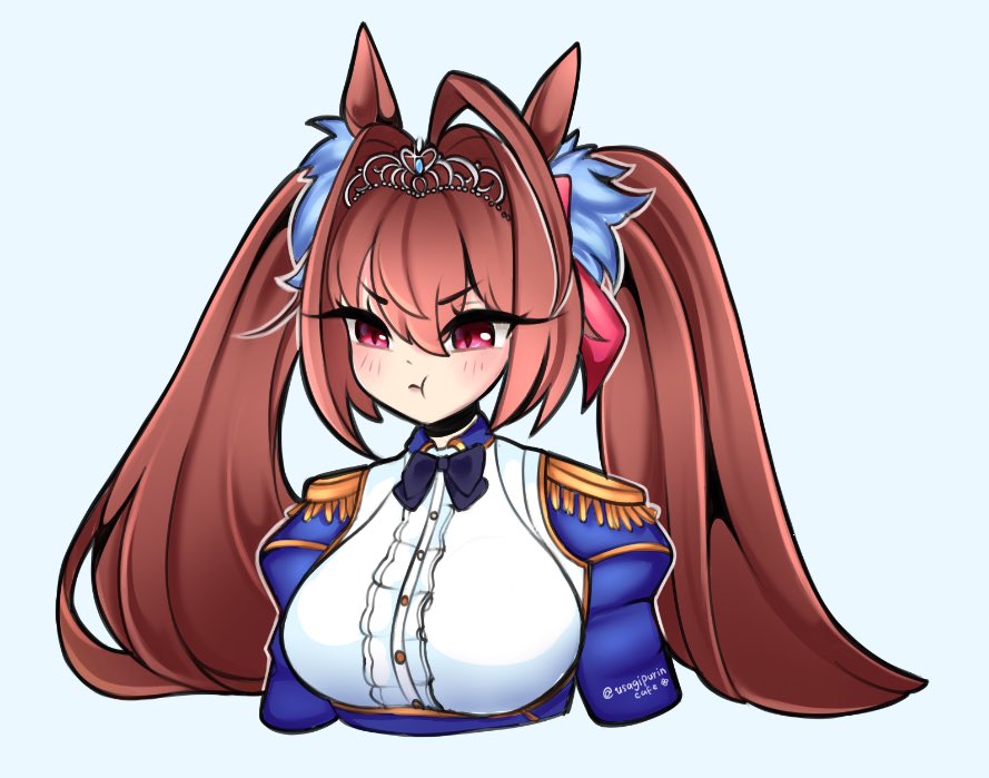 usagipurincafe, daiwa scarlet (umamusume), umamusume, 1girl, :t, animal ears, blue gemstone, breasts, brown hair, gem, hair intakes, horse ears, horse girl, large breasts, long hair, piercing, red eyes, twintails