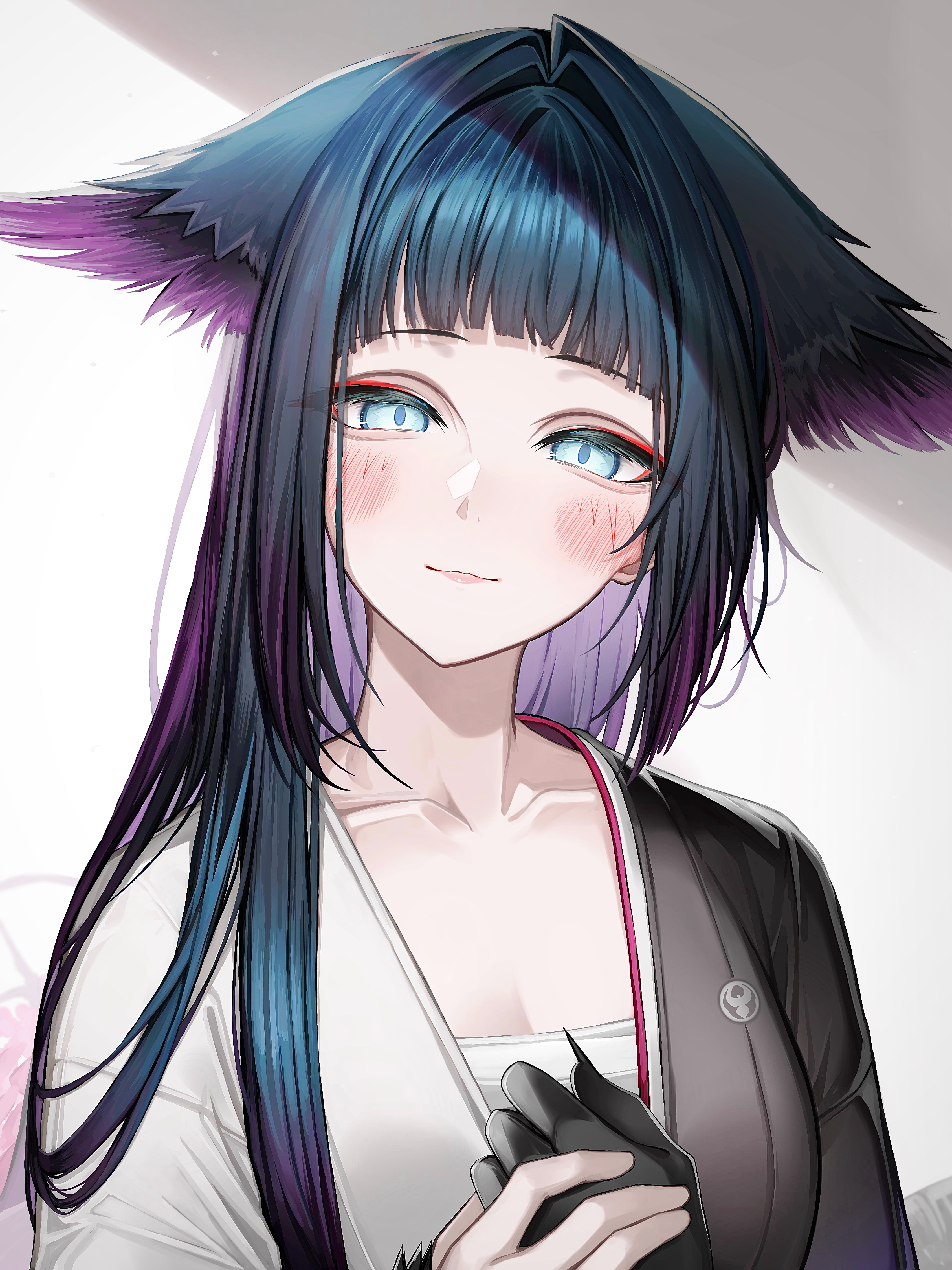 tab head, mio (arknights), arknights, absurdres, commentary, highres, 1girl, 1other, animal ears, blue eyes, blush, breasts, long hair, looking at viewer, medium breasts, solo focus