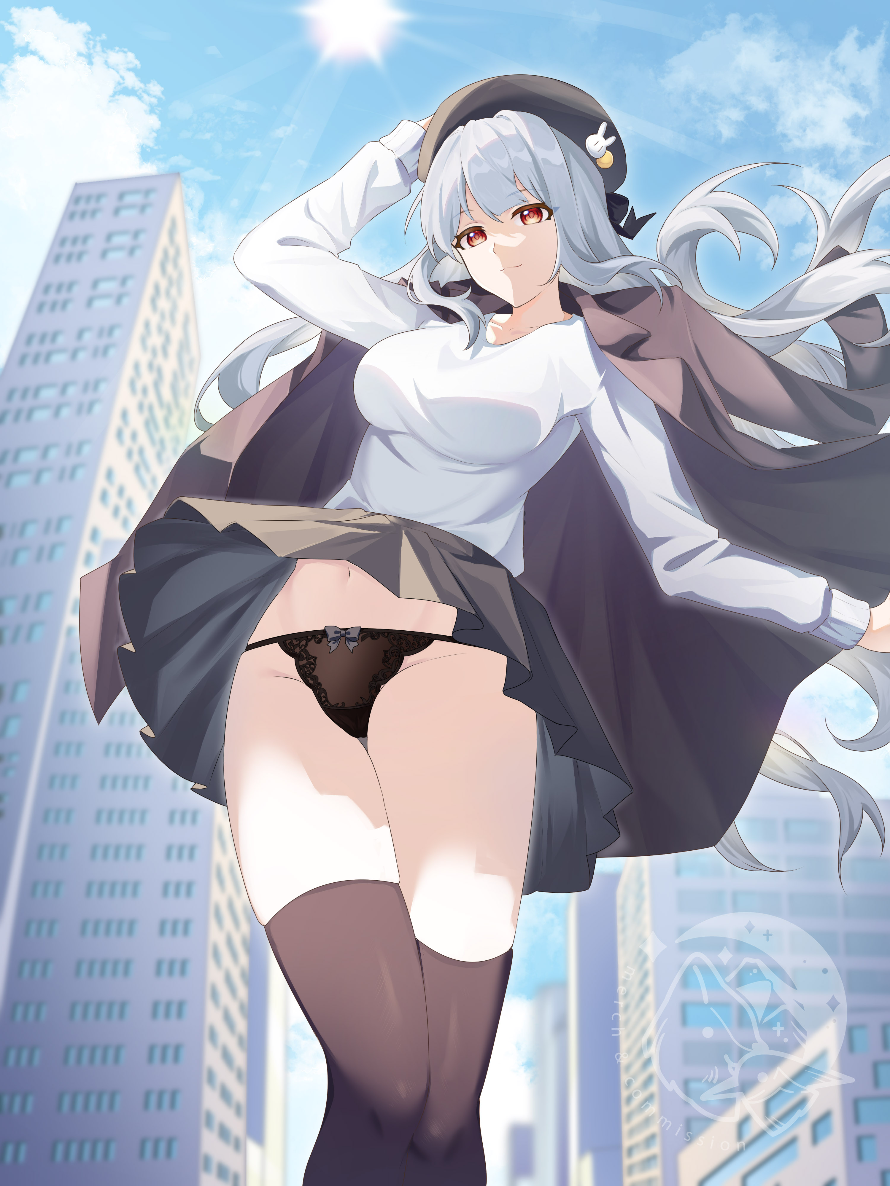 original, absurdres, commission, highres, 1girl, beret, bow, canaliya, cape, cityscape, clothes lift, hair bow, hat, knee up, long hair, panties, pantyshot, red eyes, shirt, signature, skirt, skirt lift, thighhighs, underwear, watermark, white shirt