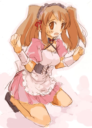 momiji mao, asahina mikuru, suzumiya haruhi no yuuutsu, 00s, 1girl, breasts, corset, female focus, full body, kneeling, official alternate hairstyle, simple background, solo, twintails, waitress, white background