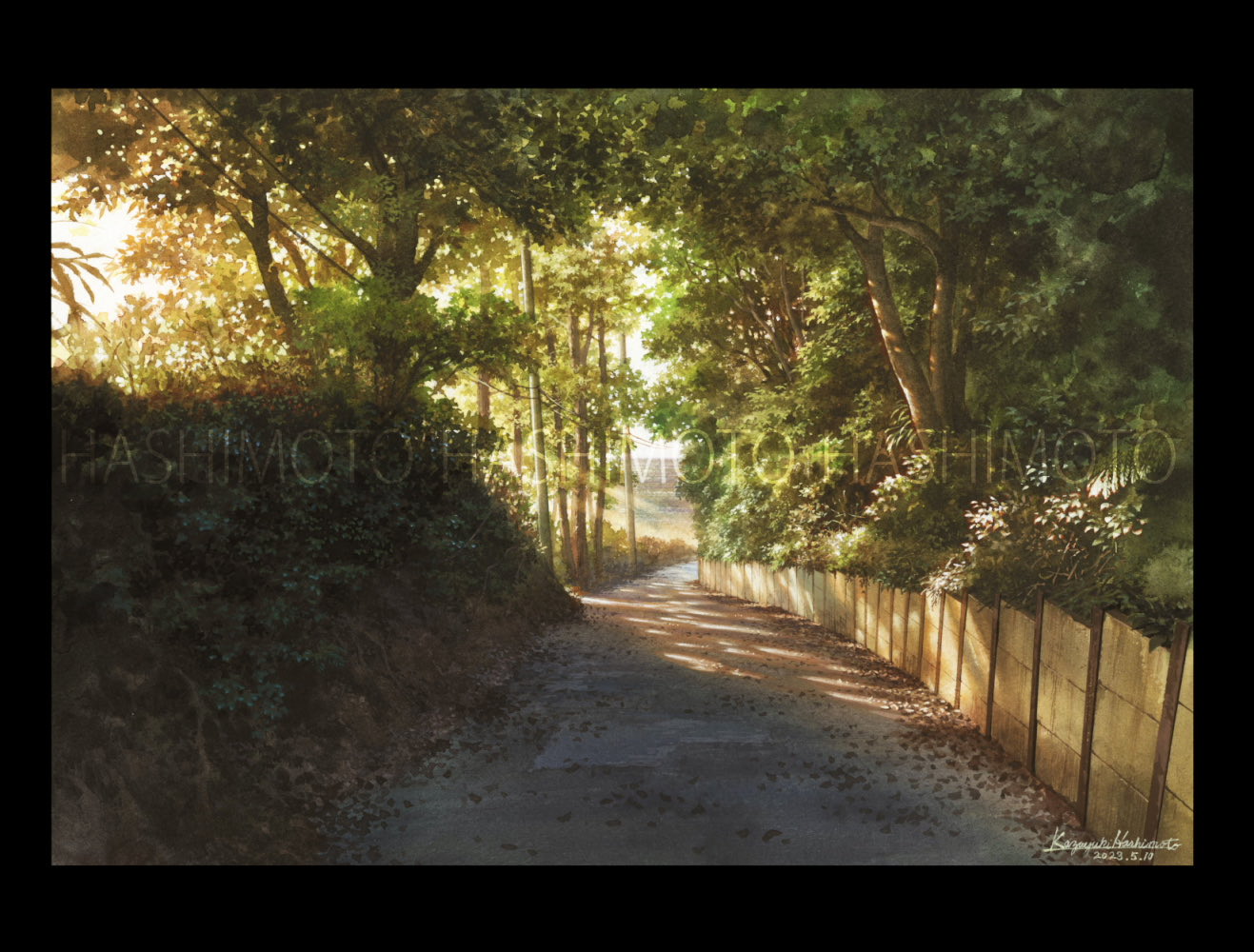 kazuyuki hashimoto, original, painting (medium), traditional media, black border, border, day, forest, grass, landscape, nature, no humans, outdoors, plant, road, scenery, shadow, sunlight, tree