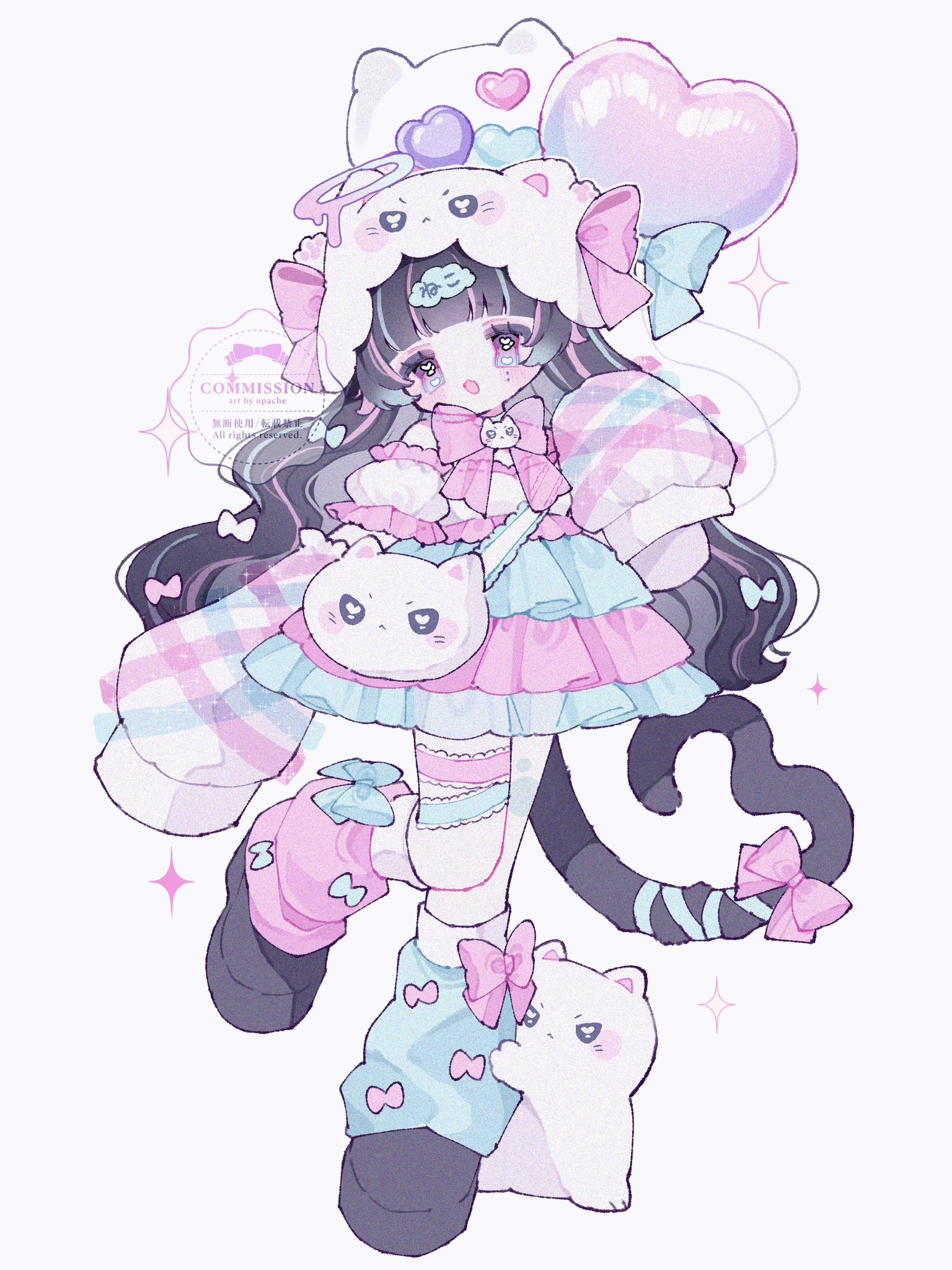 upa papa co, original, commentary, commission, highres, skeb commission, 1girl, :d, animal hat, asymmetrical legwear, balloon, bare shoulders, black hair, black shoes, blue hair, blue ribbon, blue skirt, blue socks, blunt bangs, blush, bow, bowtie, cat, cat hat, cat tail, detached sleeves, full body, hand up, hat, heart balloon, long hair, long sleeves, looking at viewer, loose socks, mismatched legwear, multicolored hair, open mouth, pink bow, pink bowtie, pink eyes, pink hair, pink skirt, pink socks, ribbon, shoes, short sleeves, simple background, skirt, sleeves past fingers, sleeves past wrists, smile, socks, solo, standing, streaked hair, tail, tail bow, tail ornament, tail ribbon, two-tone skirt, watermark, white background