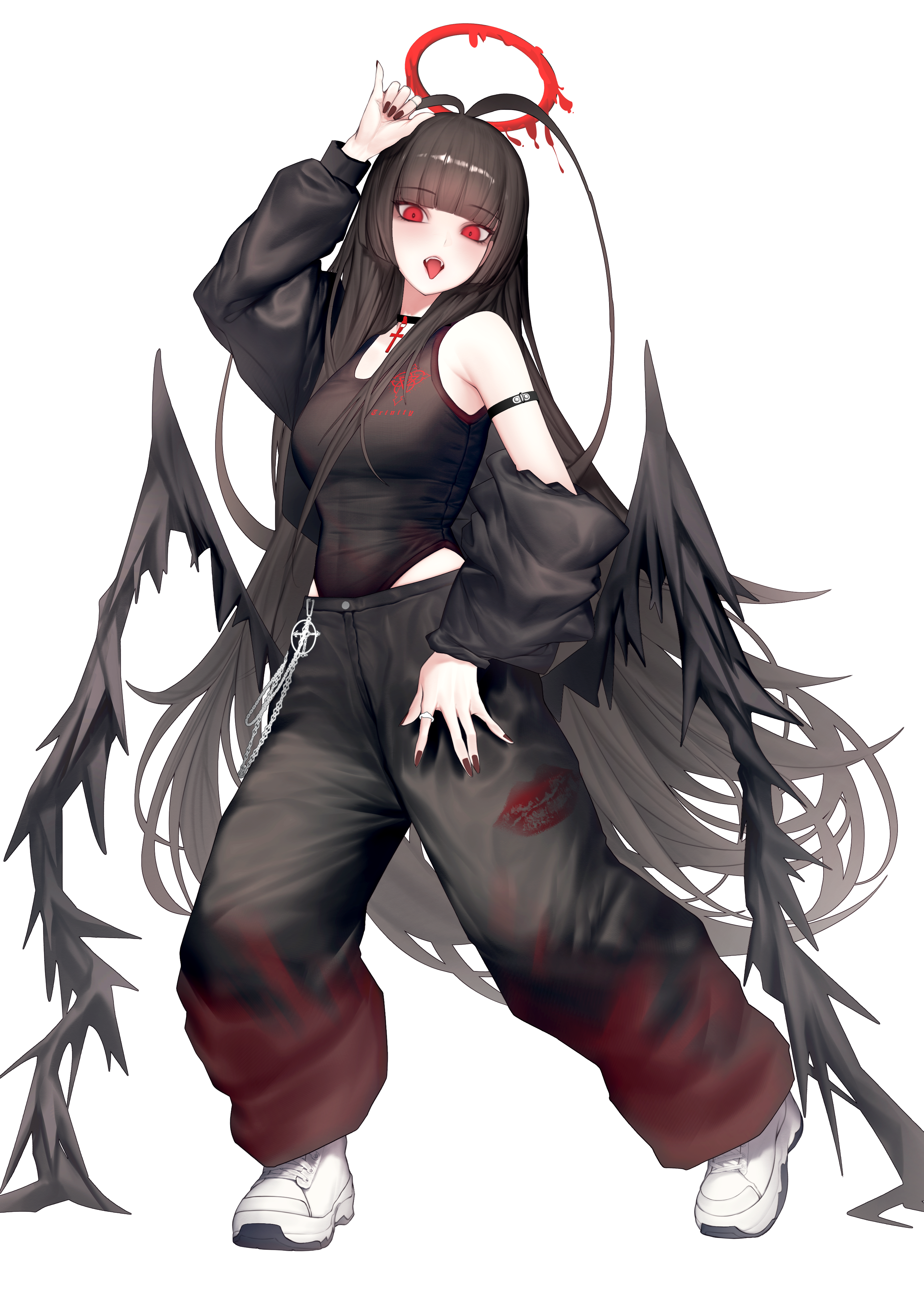 houh888, tsurugi (blue archive), blue archive, absurdres, commentary, english commentary, highres, 1girl, alternate costume, antenna hair, arm strap, black hair, black pants, black shirt, black wings, detached sleeves, full body, halo, jewelry, long hair, long sleeves, looking at viewer, pants, red eyes, red halo, red nails, ring, shirt, shoes, sleeveless, sleeveless shirt, sneakers, solo, standing, tank top, teeth, tongue, tongue out, upper teeth only, very long hair, white shoes, wings