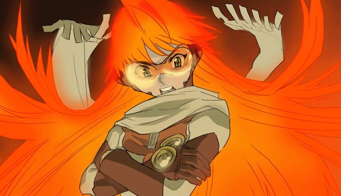 buster machine 7, nono (top wo nerae 2!), top wo nerae! (series), top wo nerae 2!, + +, 00s, 1girl, bodysuit, cross-shaped pupils, crossed arms, female focus, floating hair, glowing, glowing hair, green eyes, long hair, orange-tinted eyewear, orange hair, scarf, solo, sunglasses, symbol-shaped pupils, tinted eyewear