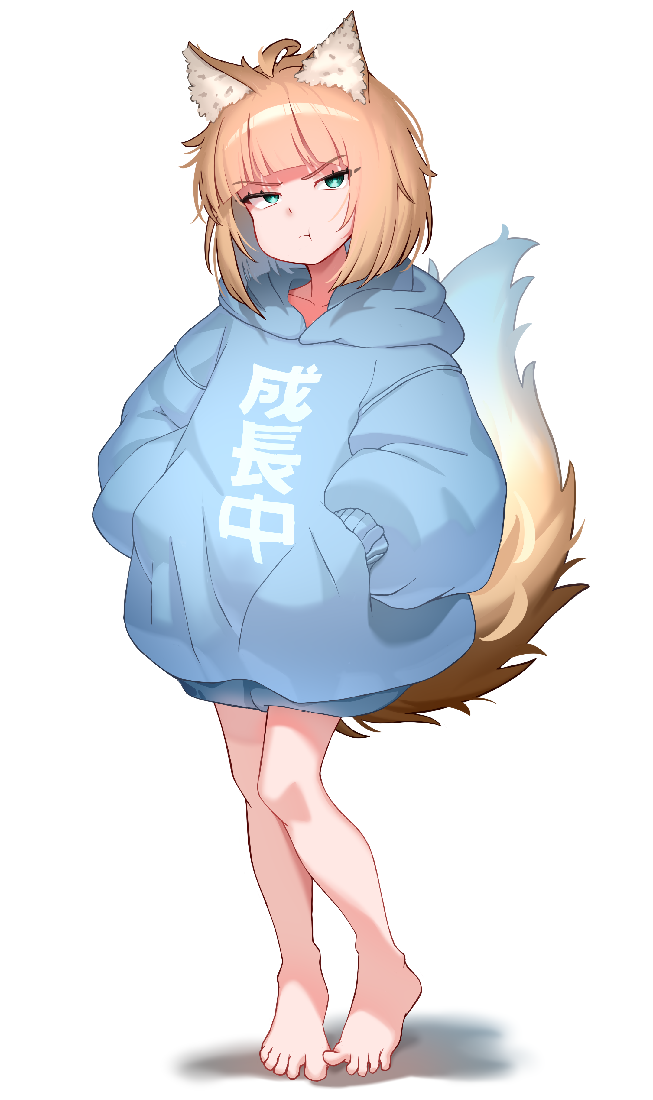 original, absurdres, commission, commissioner upload, highres, non-web source, 1girl, ahoge, animal ear fluff, animal ears, aqua eyes, baggy clothes, ballimurphy, bare legs, barefoot, blonde hair, blue hoodie, blunt bangs, bob cut, fox ears, fox girl, fox tail, hands in pockets, hood, hoodie, kino (senkoin), lampshading, oversized clothes, pout, shadow, short hair, solo, tail, tiptoes, white background