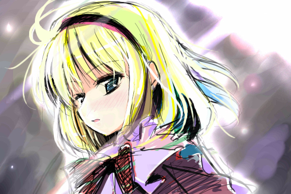 alice margatroid, touhou, light, 1girl, backlighting, black hairband, blonde hair, blue eyes, blurry, blurry background, blush, bow, bowtie, expressionless, female focus, hairband, half-closed eyes, light particles, light rays, looking at viewer, looking to the side, parted lips, portrait, red bow, red bowtie, short hair, solo