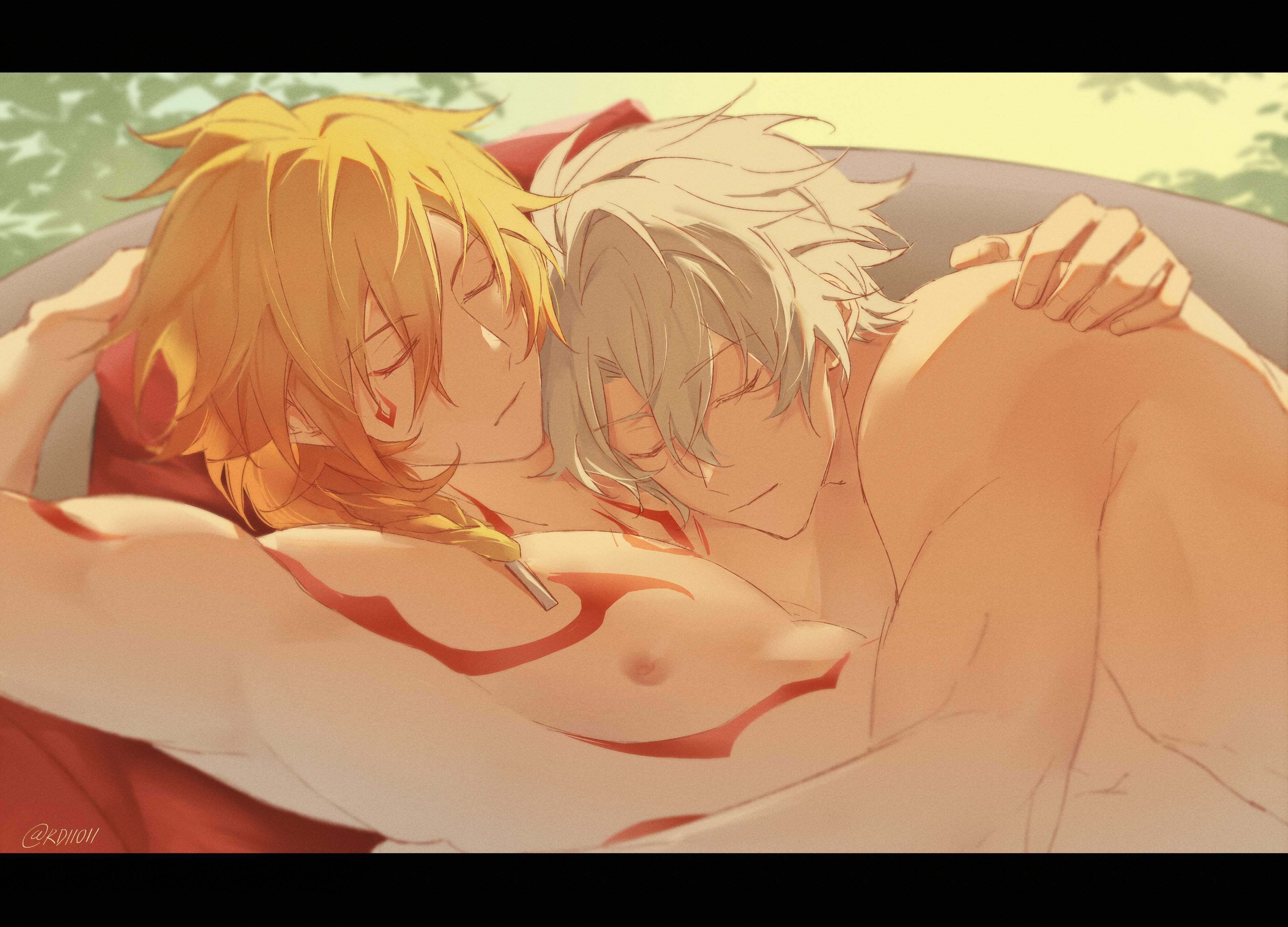 rd11011, mydei (honkai: star rail), phainon (honkai: star rail), honkai: star rail, honkai (series), absurdres, commentary, english commentary, highres, 2boys, antenna hair, arm tattoo, armpits, blonde hair, braid, chest tattoo, closed eyes, facial tattoo, gradient hair, hair between eyes, hand on another's shoulder, hug, male focus, medium hair, multicolored hair, multiple boys, red hair, red tattoo, short hair, side braid, sleeping, sleeping on person, tattoo, white hair, yaoi
