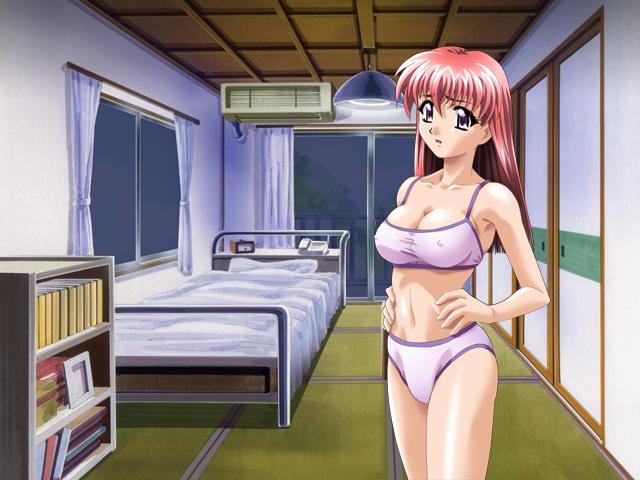 kagemichi, aoi kyouka, meshimase idol, game cg, 1girl, bed, bookshelf, bra, breasts, covered erect nipples, female focus, hands on own hips, large breasts, lingerie, long hair, night, panties, purple eyes, red hair, solo, underwear, underwear only, window