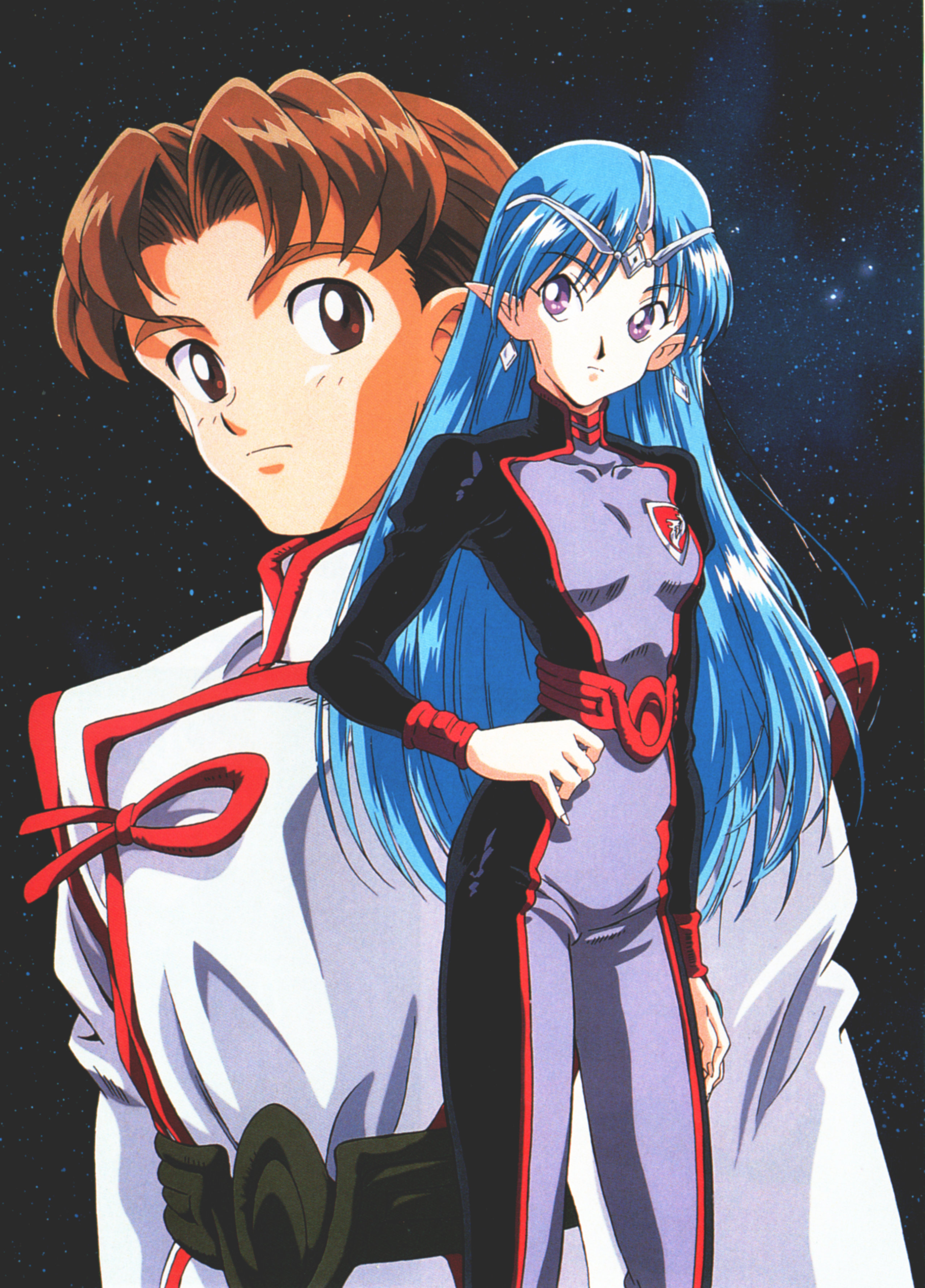 jinto, lafiel, seikai no senki, absurdres, highres, 1boy, 1girl, insignia, long hair, pointy ears, sky, standing, star (sky), starry sky, very long hair