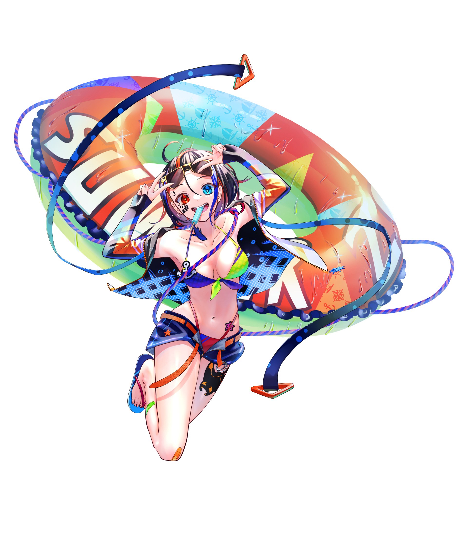 kz6cz, original, commentary request, highres, 1girl, bandaid, bandaid on knee, bandaid on leg, belt, bikini, bikini under shorts, black hair, blue eyes, blue hair, blue shorts, breasts, double v, eyelashes, flip-flops, food, food in mouth, full body, heterochromia, jacket, long sleeves, multicolored hair, navel, open belt, open clothes, open jacket, open mouth, orange belt, popsicle, popsicle in mouth, red eyes, red hair, sandals, shorts, simple background, smile, solo, stomach, streaked hair, swim ring, swimsuit, teeth, upper teeth only, v, wet, white background