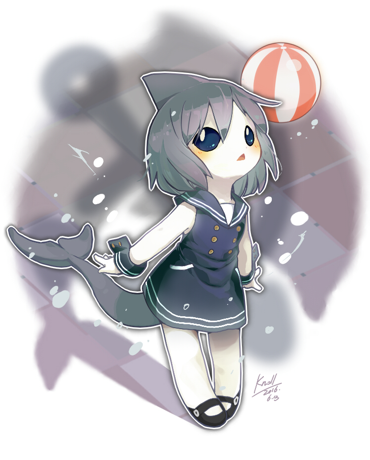 knoll the plaid, dolphi (funamusea), funamusea, oounabara to wadanohara, anchor, ball, beachball, black eyes, black shoes, blue dress, blue sailor collar, buttons, cetacean tail, colored skin, dress, fins, fish tail, grey hair, sailor collar, shoes, short hair, sleeveless, tail, triangle mouth, white skin