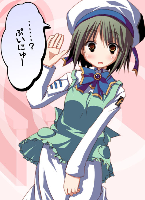 aino ai, aria (manga), 00s, 1girl, apron, aria company uniform, beret, brown eyes, dress, female focus, green hair, hat, high collar, solo, white dress