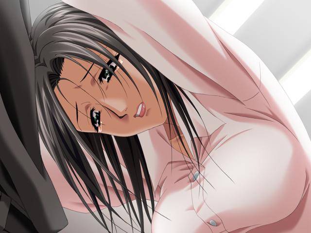 kagemichi, akane yumiko, meshimase idol, game cg, 1girl, aqua eyes, black hair, breasts, clenched teeth, close-up, female focus, from below, large breasts, lipstick, long hair, looking down, makeup, solo, tears, teeth