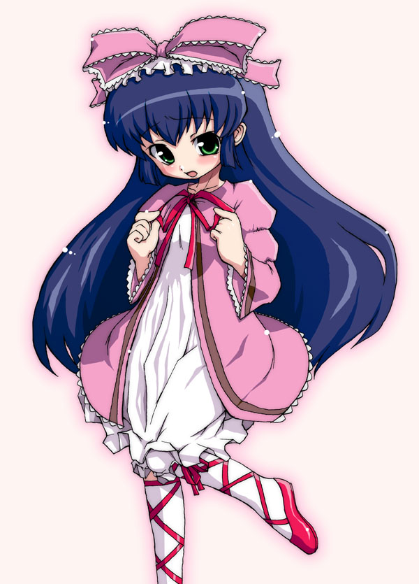 hinaichigo, karasuma chitose, broccoli (company), galaxy angel, rozen maiden, 1girl, bow, cosplay, crossover, female focus, hinaichigo (cosplay), parody, pink bow, solo