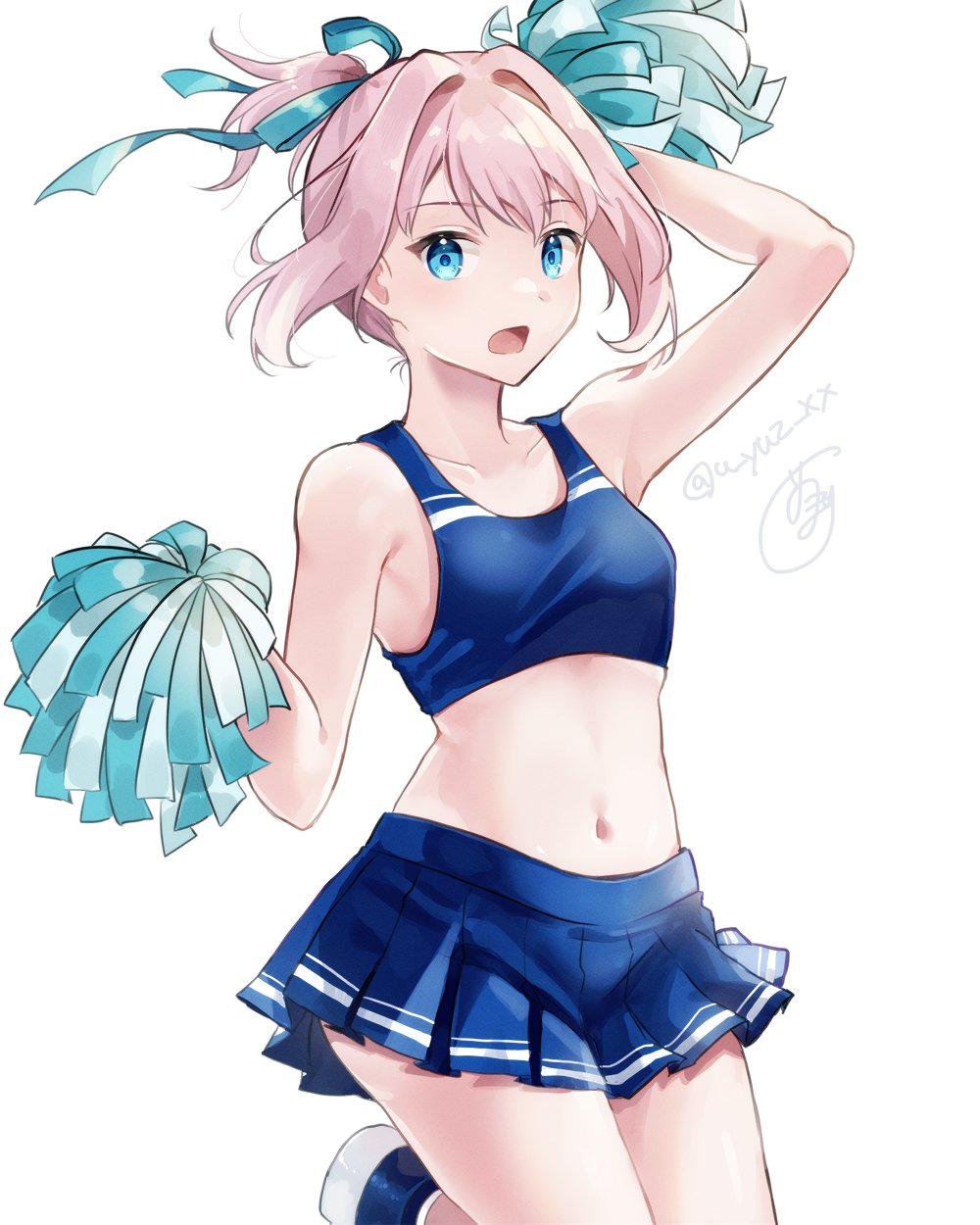 u yuz xx, shiranui (kancolle), kantai collection, commentary request, highres, 1girl, alternate costume, blue eyes, blue skirt, blue sports bra, cheering, cheerleader, cowboy shot, holding, holding pom poms, midriff, navel, open mouth, pink hair, pleated skirt, pom pom (cheerleading), pom poms, ponytail, short hairt, simple background, skirt, solo, sports bra, white background