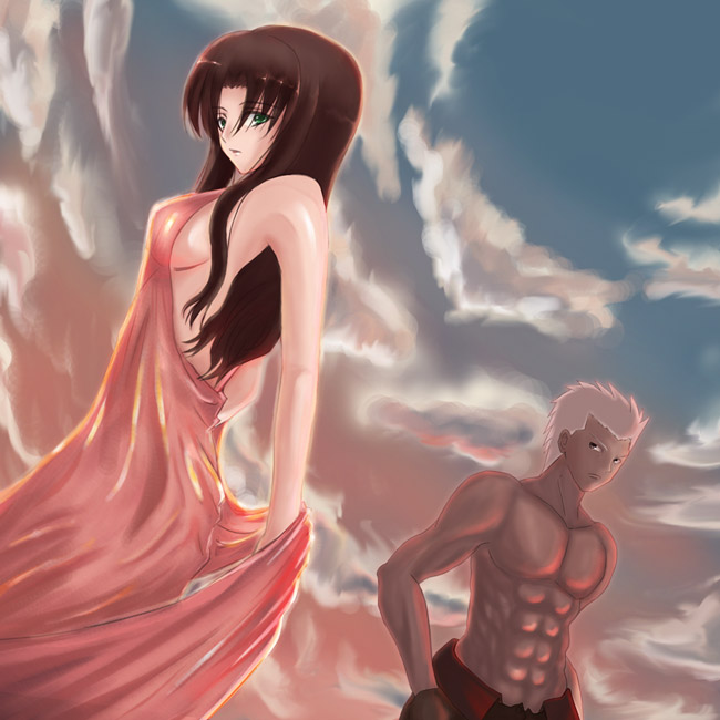 archer (fate), tohsaka rin, fate/stay night, fate (series), silver hair, 00s, 1boy, 1girl, abs, backless dress, backless outfit, breasts, brown hair, dark-skinned male, dark skin, dress, dutch angle, hands in pockets, long hair, looking down, medium breasts, outdoors, short hair, sideboob, sky, sunset, topless female, topless male
