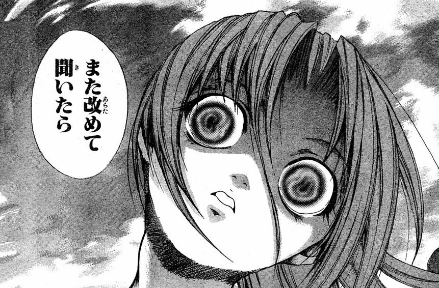 houjou yutori, sonozaki shion, higurashi no naku koro ni, translated, 00s, 1girl, comic, crazy eyes, creepy, female focus, greyscale, head tilt, horror (theme), monochrome, solo