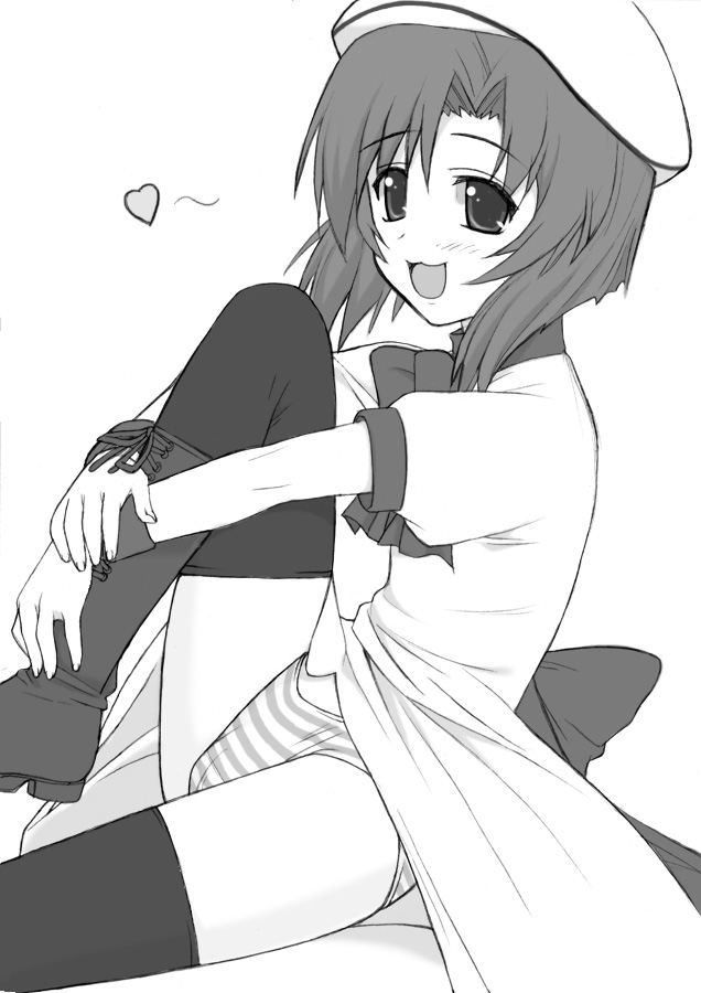 shichimenchou, ryuuguu rena, higurashi no naku koro ni, 00s, 1girl, :3, boots, female focus, greyscale, heart, monochrome, panties, solo, striped clothes, striped panties, thighhighs, underwear