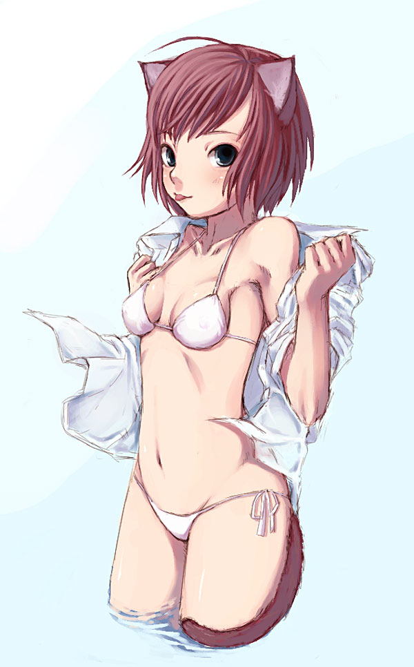 kimidorin, original, 1girl, :p, animal ears, bikini, black eyes, brown hair, cat ears, cat tail, female focus, petite, short hair, side-tie bikini bottom, solo, swimsuit, tail, tongue, tongue out, white bikini