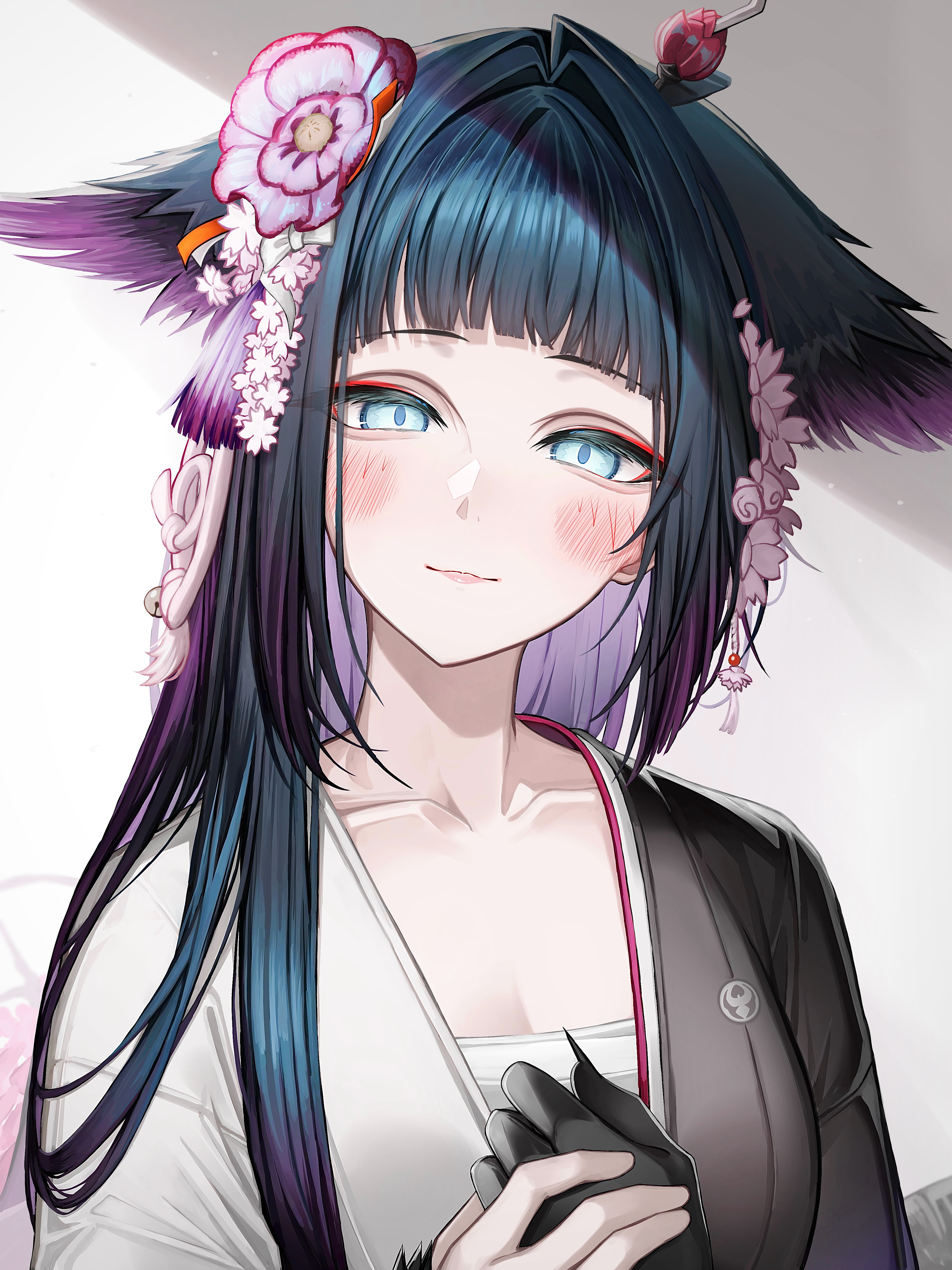 tab head, mio (arknights), arknights, absurdres, commentary, highres, 1girl, 1other, animal ears, blue eyes, blush, breasts, flower, hair flower, hair ornament, japanese clothes, medium breasts, solo focus