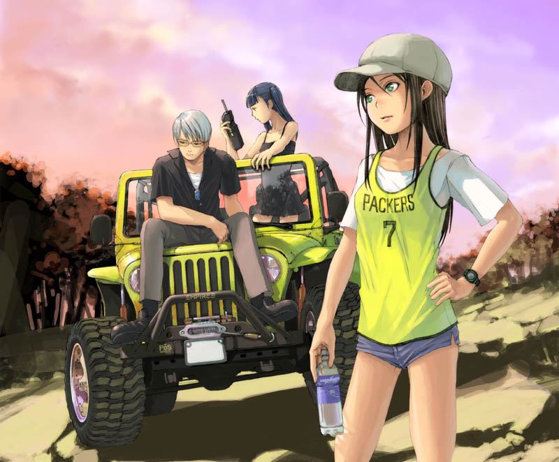 yoneda taishou, original, 1boy, 2girls, bare shoulders, black hair, bottle, brown hair, car, clothes writing, denim, denim shorts, dress, drink, glasses, green eyes, hat, jersey, long hair, military jeep, motor vehicle, multiple girls, newsboy cap, radio, shorts, watch, wristwatch
