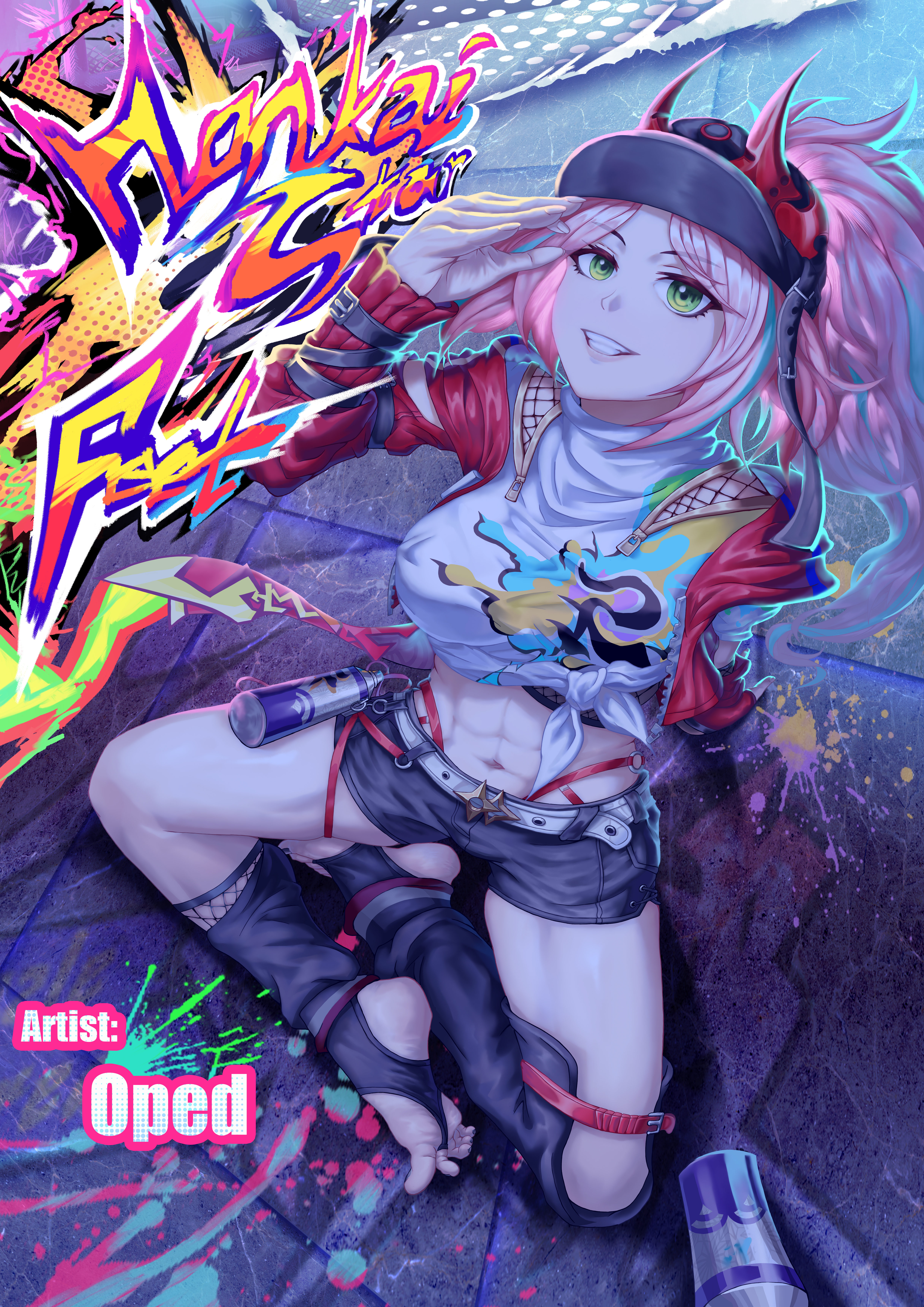 oped, rappa (honkai: star rail), honkai: star rail, honkai (series), absurdres, chinese commentary, commentary request, highres, 1girl, abs, arm support, arm up, arm warmers, artist name, asymmetrical sleeves, baseball cap, belt, black belt, black hat, black leg warmers, black shorts, breasts, bridal gauntlets, cover, cover page, crop top, cropped jacket, fishnet bridal gauntlets, fishnet socks, fishnet top, fishnets, full body, graffiti, green eyes, grin, hair through headwear, hat, horned hat, indian style, jacket, large breasts, leg warmers, long hair, looking up, midriff, navel, no shoes, open clothes, open jacket, parted bangs, pink hair, ponytail, red arm warmers, red jacket, shadow, shirt, short shorts, shorts, sidelocks, single sleeve past wrist, sitting, smile, socks, soles, solo, spray can, stirrup legwear, tied shirt, toeless legwear, uneven sleeves, very long hair, white belt, white shirt, wrist belt