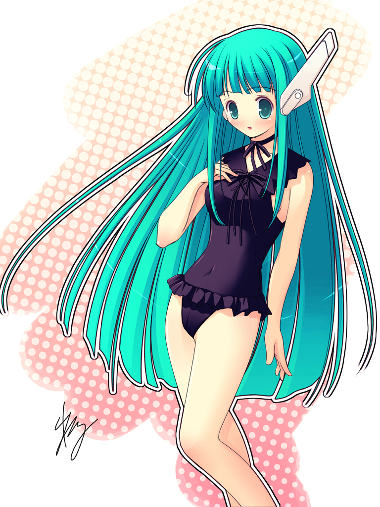 al azif (artist), aru (abyssinia), karakuri chachamaru, mahou sensei negima!, frilled swimsuit, 00s, 1girl, blush, casual one-piece swimsuit, choker, female focus, frills, green eyes, green hair, long hair, matching hair/eyes, one-piece swimsuit, ribbon choker, robot ears, solo, swimsuit, very long hair