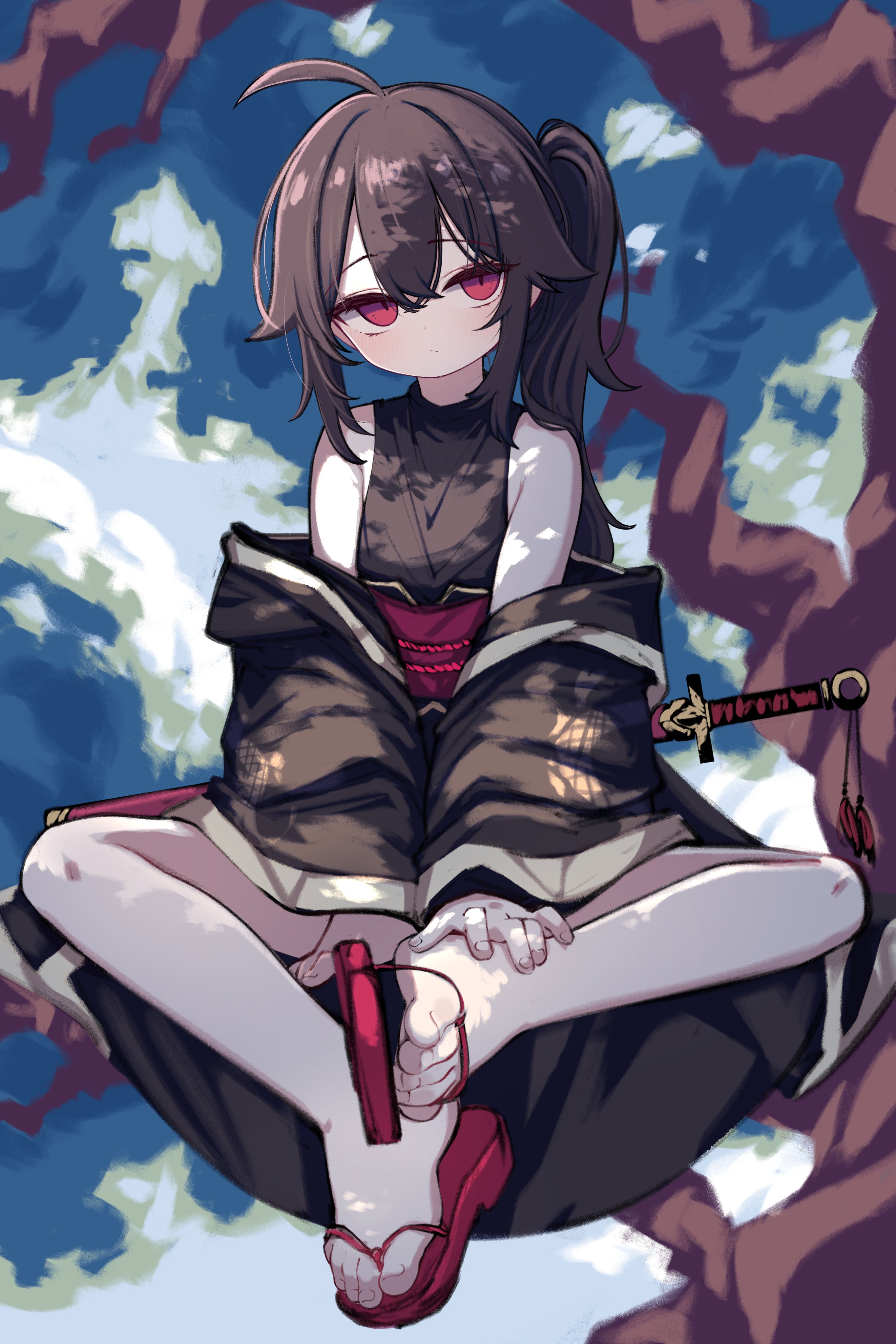 kimhiro, original, absurdres, highres, 1girl, ahoge, bare legs, bare shoulders, black hair, black jacket, expressionless, feet, hand on own foot, head tilt, in tree, jacket, off shoulder, red eyes, red sandals, red sash, sandals, sash, sheath, sheathed, side ponytail, sitting, sitting in tree, solo, sword, toes, tree, weapon