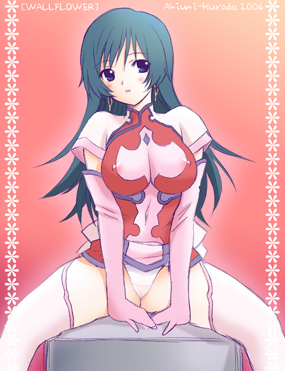 kuroda akimi, kotona elegance, zoids, zoids genesis, 00s, 1girl, breasts, cleavage cutout, clothing cutout, covered erect nipples, dress, elbow gloves, female focus, gloves, large breasts, panties, pantyshot, pink dress, pink gloves, pink thighhighs, solo, spread legs, thighhighs, underwear, white panties