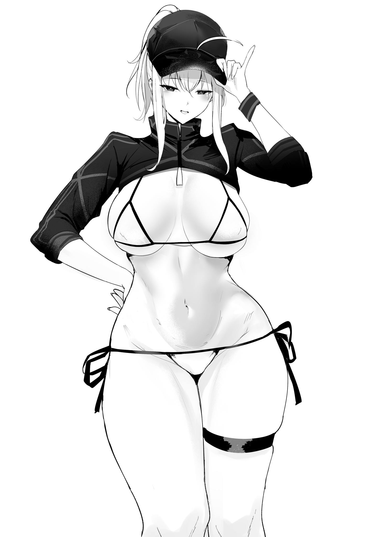 porroll, artoria pendragon (fate), mysterious heroine xx (fate), fate/grand order, fate (series), commentary request, highres, 1girl, ahoge, bare legs, baseball cap, bikini, blush, breasts, breasts apart, cropped jacket, curvy, feet out of frame, greyscale, groin, hair through headwear, hat, large breasts, looking at viewer, monochrome, navel, pinky out, ponytail, side-tie bikini bottom, sidelocks, simple background, smile, solo, stomach, string bikini, swimsuit, thigh strap, white background, wristband