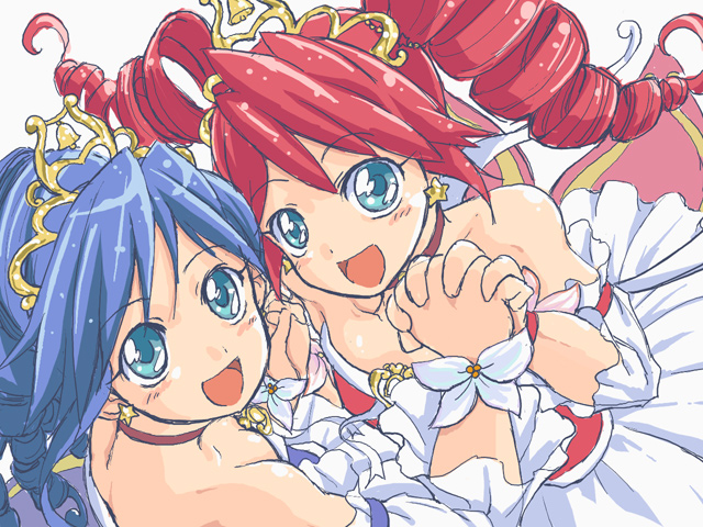 maybe, fine (futagohime), fine (universal princess) (futagohime), rein (futagohime), rein (universal princess) (futagohime), fushigiboshi no futago hime, fushigiboshi no futago hime gyu, 00s, 2girls, :d, bare shoulders, bell, blue eyes, blue hair, blush, choker, detached sleeves, dress, drill hair, earrings, holding hands, interlocked fingers, jewelry, multiple girls, open mouth, red hair, simple background, smile, strapless, strapless dress, tiara, twin drills, white background, white dress, wrist cuffs