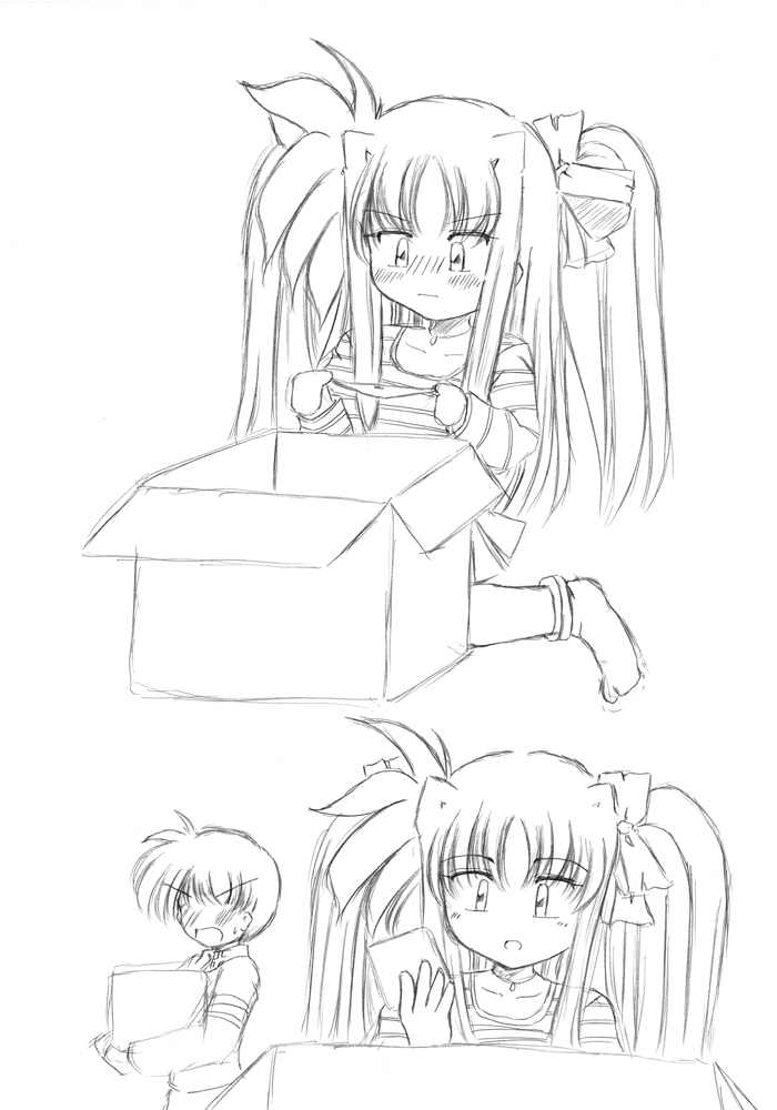 torikaebaya mirin, chrono harlaown, fate testarossa, lyrical nanoha, mahou shoujo lyrical nanoha, mahou shoujo lyrical nanoha a's, 00s, 1boy, 1girl, blouse, blush, box, cardboard box, greyscale, monochrome, no nose, panties, shirt, sketch, striped clothes, striped shirt, underwear