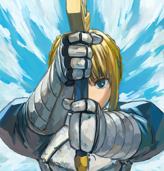 b suke, artoria pendragon (fate), saber (fate), fate/stay night, fate (series), 00s, 1girl, armor, blonde hair, excalibur (fate/stay night), female focus, gauntlets, green eyes, puffy sleeves, solo, sword, weapon