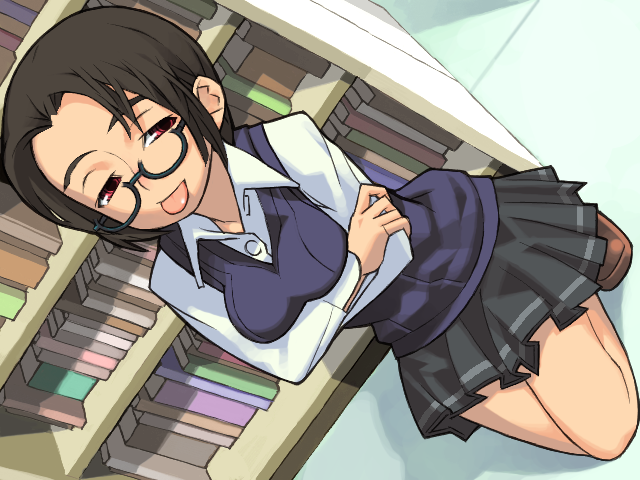 sansui.aoba, original, 1girl, :p, arms under breasts, book, brown shoes, female focus, glasses, school uniform, serafuku, shoes, solo, sweater, sweater vest, tongue, tongue out, vest