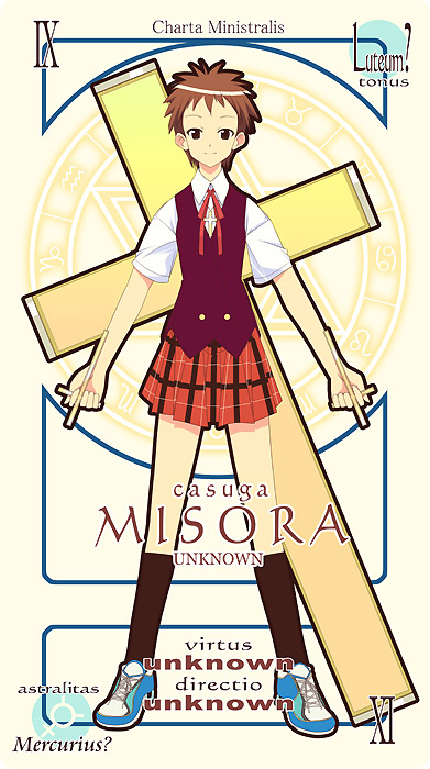 mizuki makoto, kasuga misora, mahou sensei negima!, translated, 00s, 1girl, card, card (medium), character name, cross, female focus, latin cross, mercury symbol, pactio, plaid clothes, plaid skirt, skirt, solo