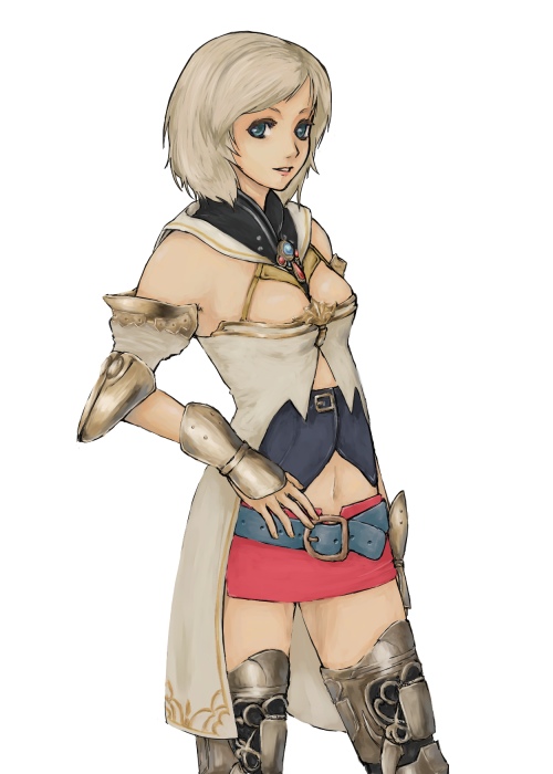 tamaru tokihiko, ashelia b'nargin dalmasca, final fantasy, final fantasy xii, 00s, 1girl, blonde hair, blue eyes, breasts, female focus, miniskirt, simple background, skirt, solo, thighhighs